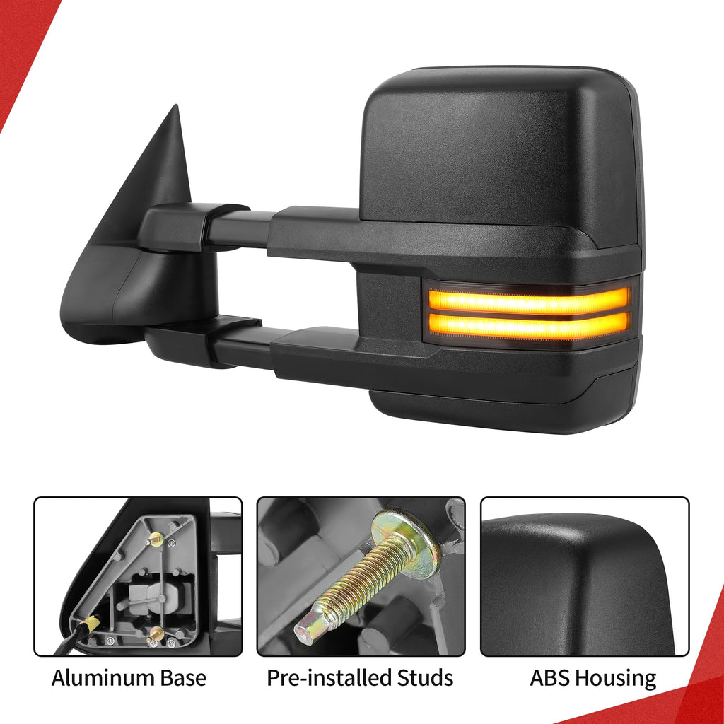 YITAMOTOR Towing Mirrors Compatible with 07-13 Silverado 1500 2500 3500 Tahoe Suburban Avalanche GMC Sierra Yukon Cadillac LED Turn Signal Light Power Heated Manual Telescoping Folding