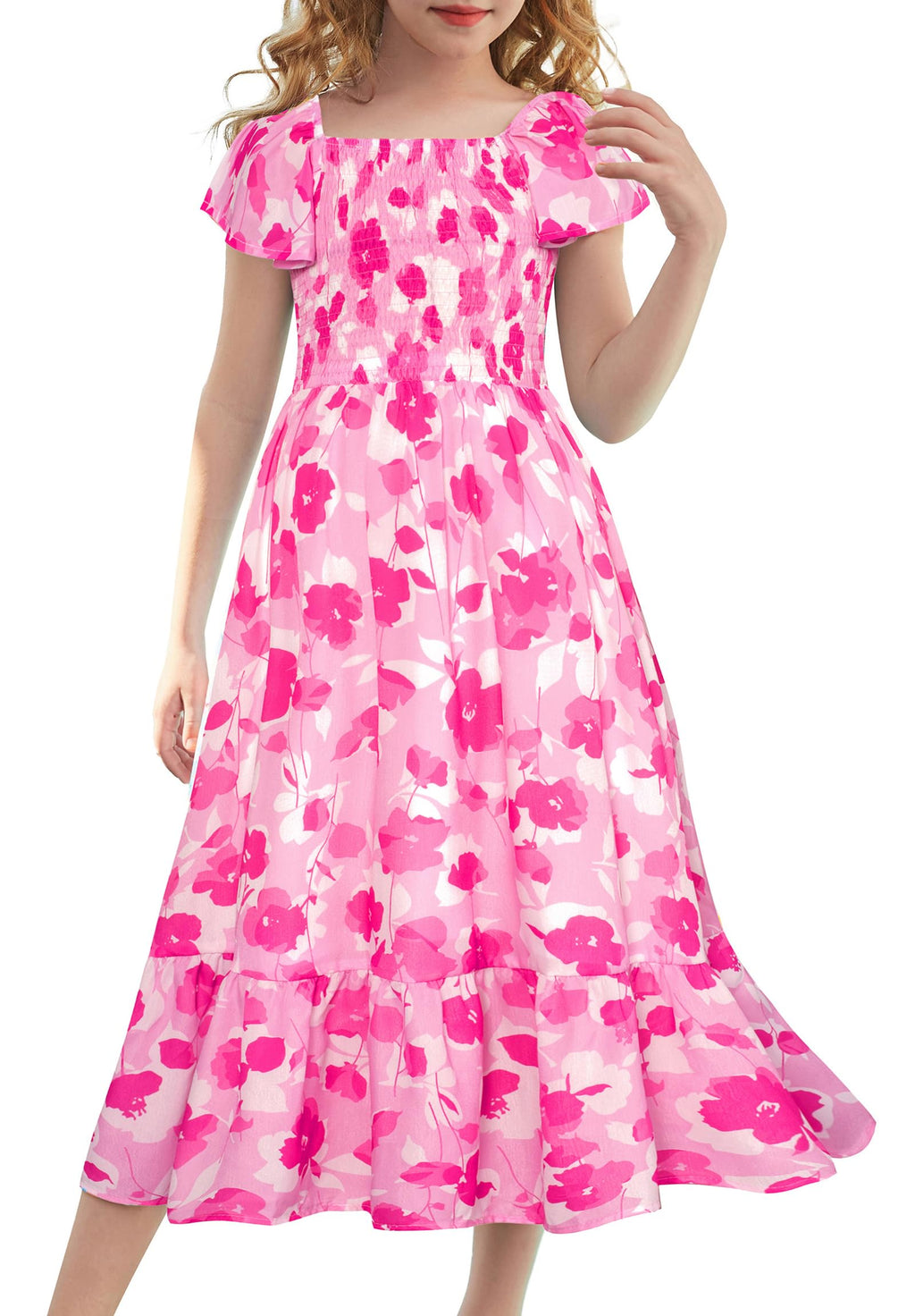GRACE KARIN Girls Flutter Sleeve Floral Dresses Girl Long Midi Spring Dress Kids Smocked Flare Summer Dress 6-16Y