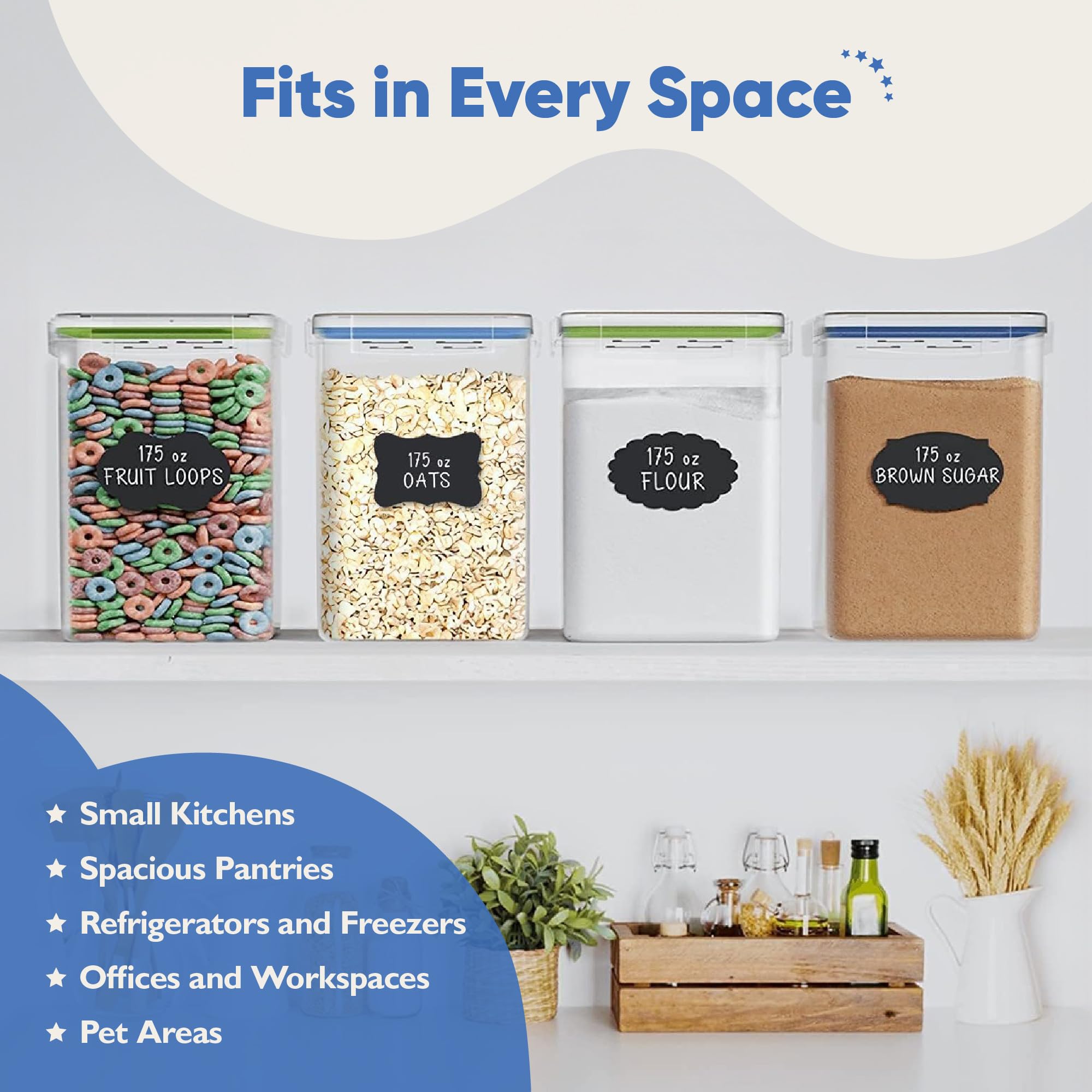 Chef's Path Kitchen Storage Box Set of 4 Extra Large Airtight Food Storage Jars for Sugar Flour Cereal Rice - Measuring Spoons, Pen and Food Preservation Labels (5.2 L)