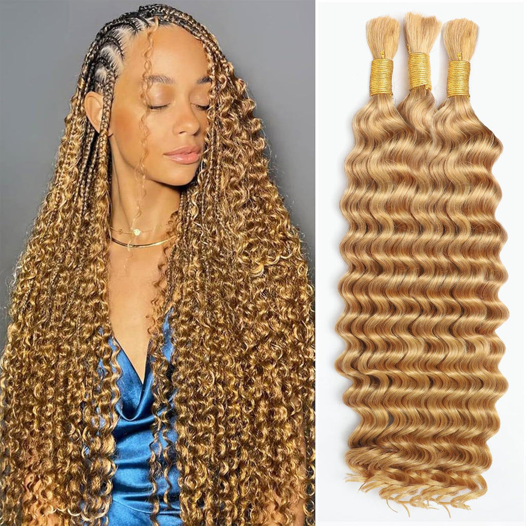 Human Braiding Hair for Boho Braids 110g Deep Wave Boho Bulk Human Hair for Braiding Knotless 12A Wet and Wavy Bohemian 3 No Weft Bundles/Pack Curly Braids Honey Blonde 16 Inch