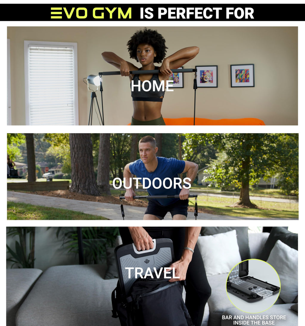 EVO Gym - Portable Home Gym Strength Training Equipment, At Home Gym | All in One Gym - Resistance Bands, Base Holds Gym Bar & Handles for Travel | Portable Gym & Home Exercise Equipment