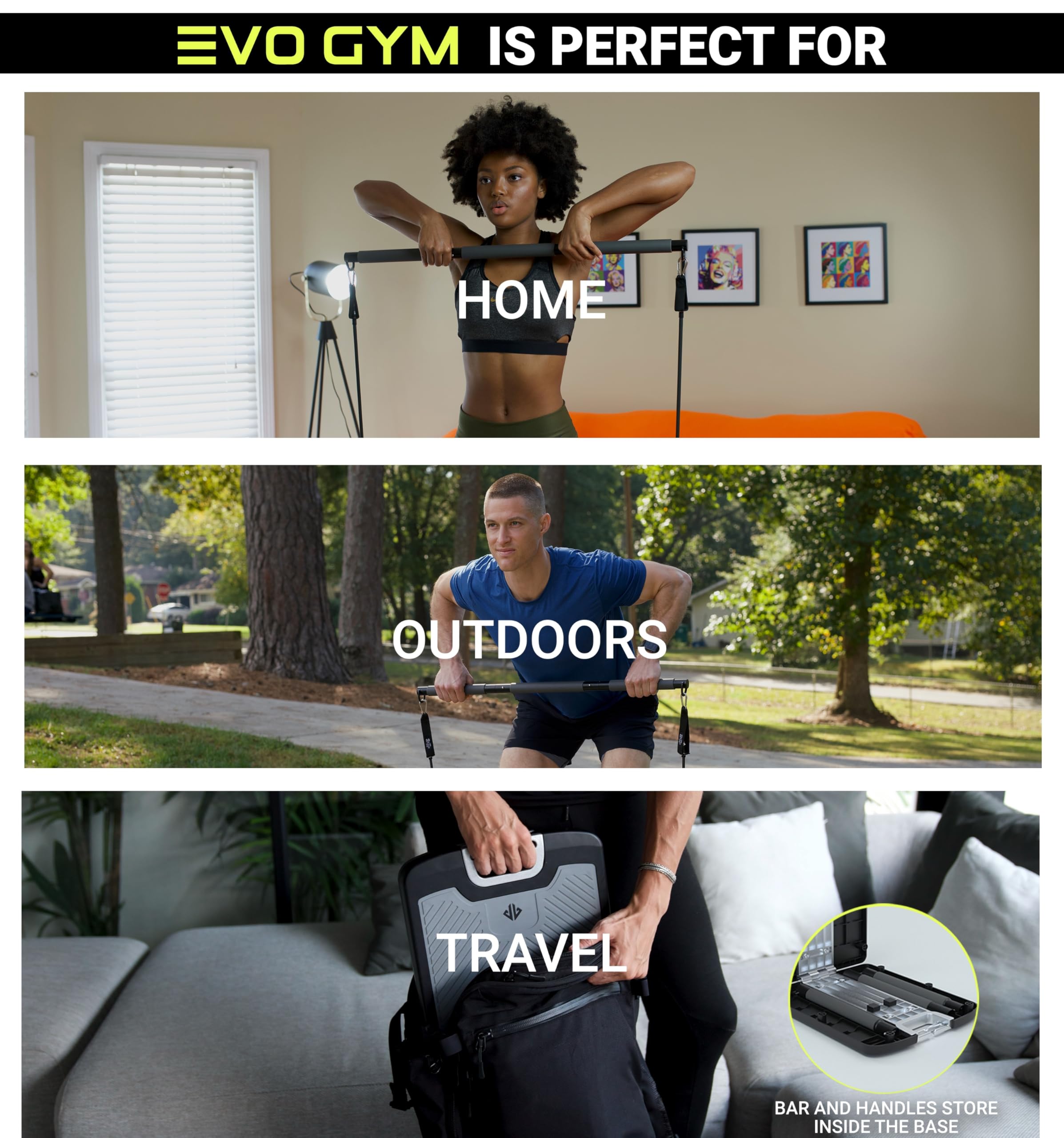 EVO Gym - Portable Home Gym Strength Training Equipment, At Home Gym | All in One Gym - Resistance Bands, Base Holds Gym Bar & Handles for Travel | Portable Gym & Home Exercise Equipment