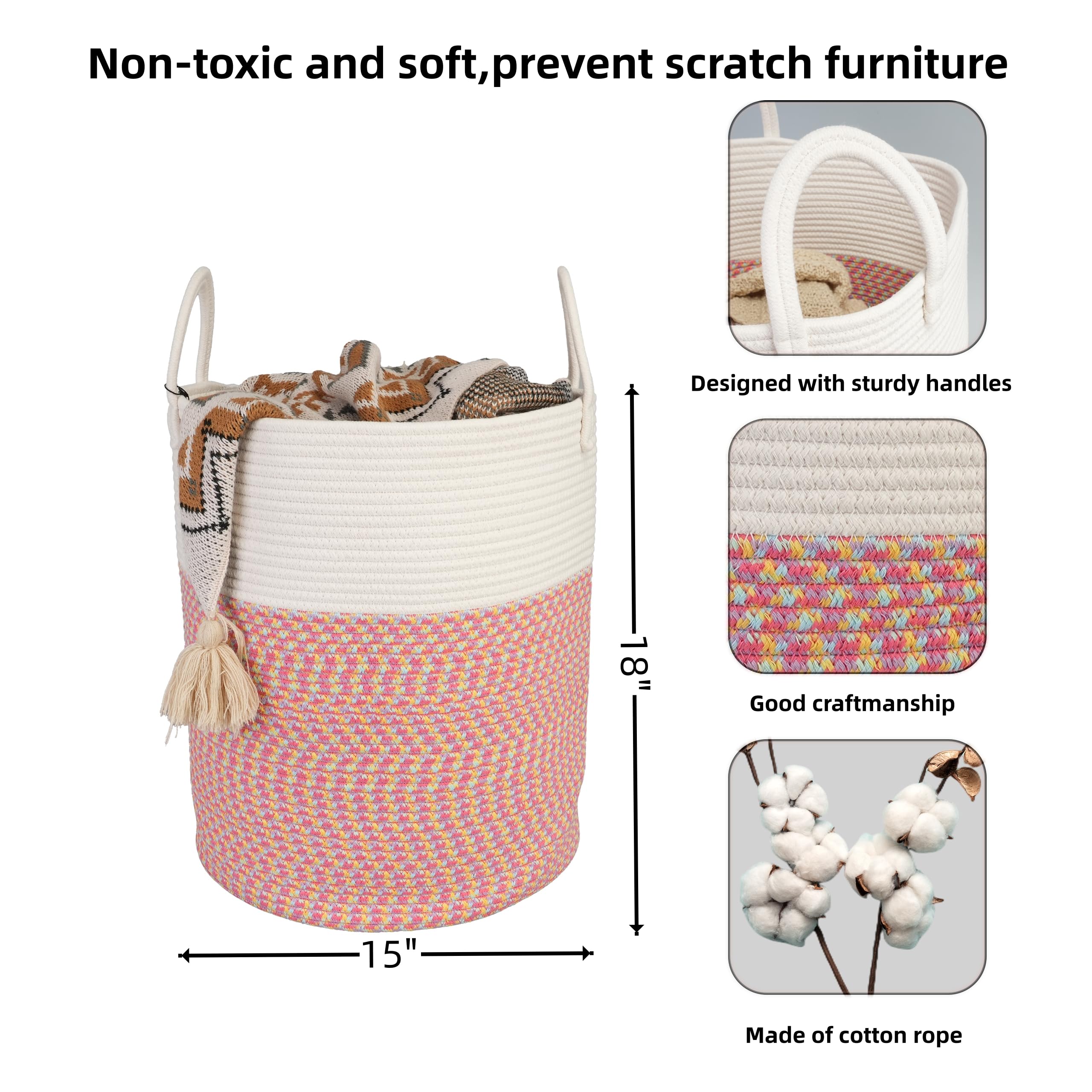 XUANGUO Black Cotton Rope Laundry Basket Hamper for Clothes Woven Storage Basket for Living Room Bedroom Boho Tall Rope Baskets for Blanket Toys Pillow Towels Baby Nursery Hamper Bin Large