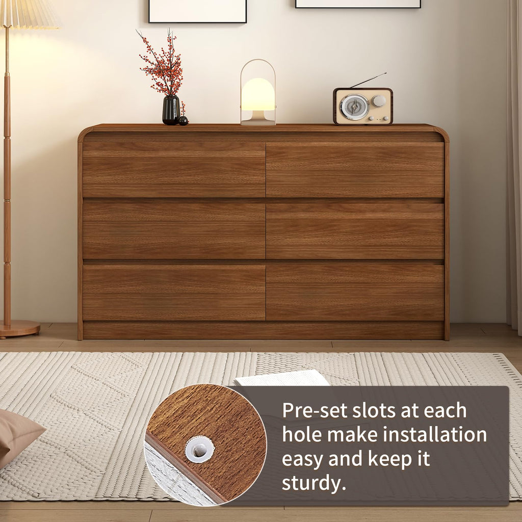 Messenya Modern 6 Drawer Dresser, 47-Inch Wood Chest of Drawers, Curved Anti-Collision Design, Mid-Century Storage Cabinet, Pre-Embedded Slots, for Bedroom, Living Room, TV Stand, Nursery
