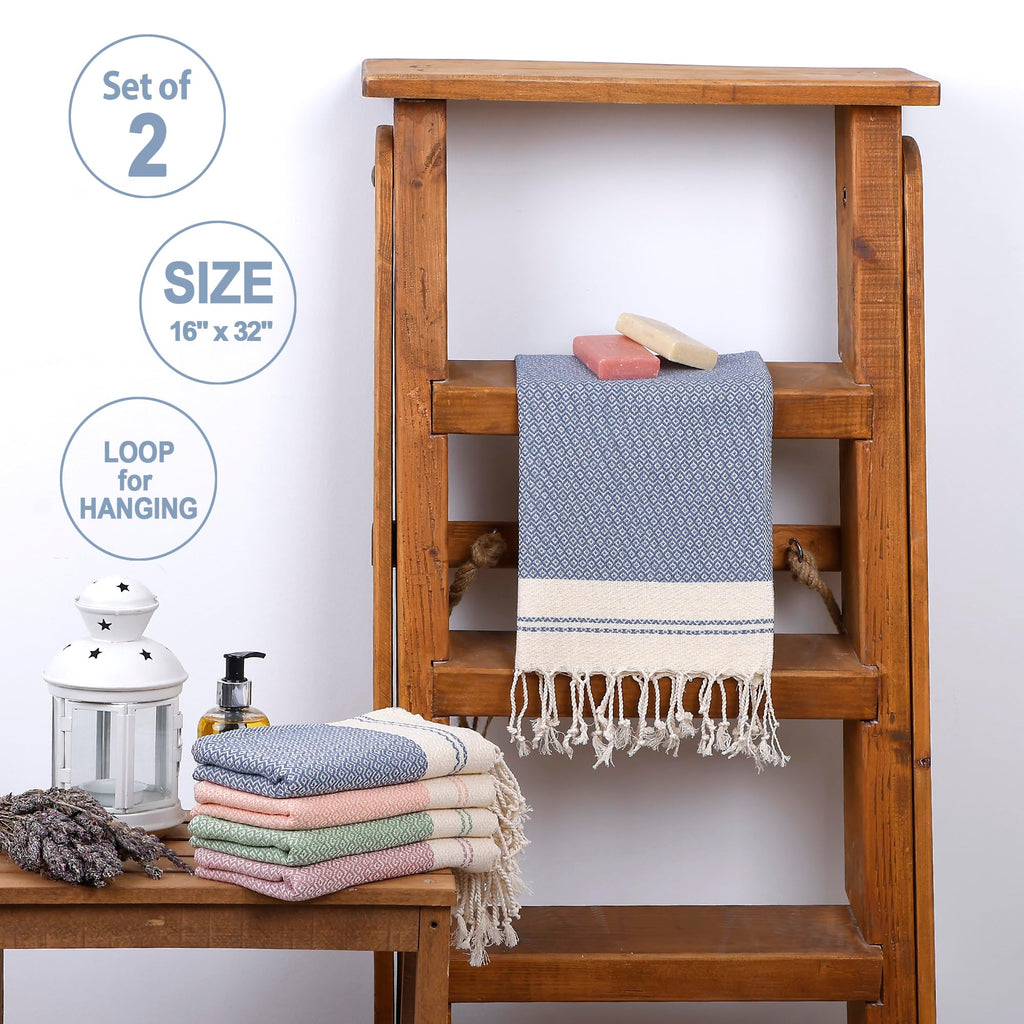 Evelynen Turkish Hand Towels for Bathroom & Kitchen Towels Decorative Set of 2 | Boho Farmhouse Hand Towels with Hanging Loops for Face, Tea, Dish, Kitchen & Bath | %100 Cotton (16" x 32" - Beige)