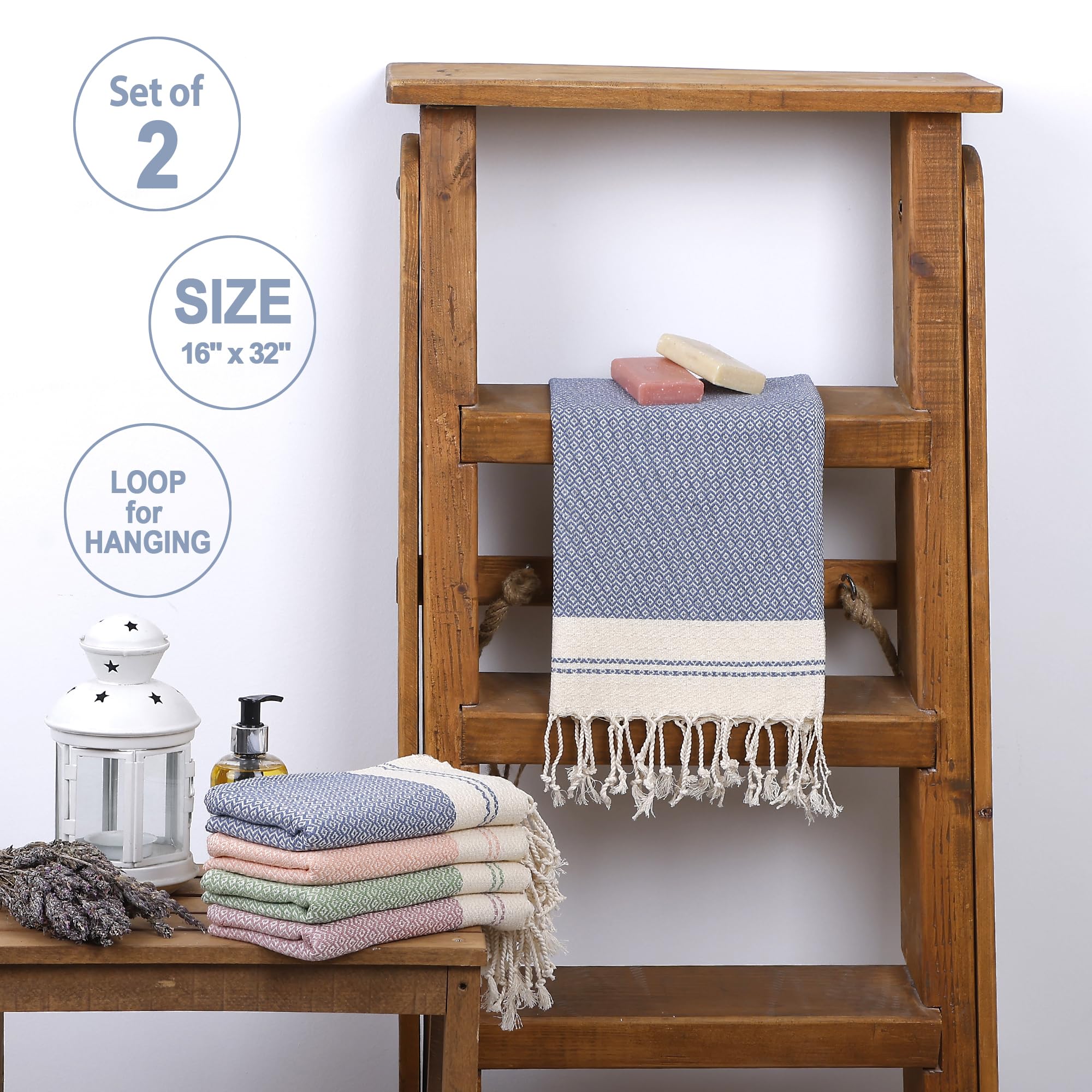 Evelynen Turkish Hand Towels for Bathroom & Kitchen Towels Decorative Set of 2 | Boho Farmhouse Hand Towels with Hanging Loops for Face, Tea, Dish, Kitchen & Bath | %100 Cotton (16" x 32" - Beige)