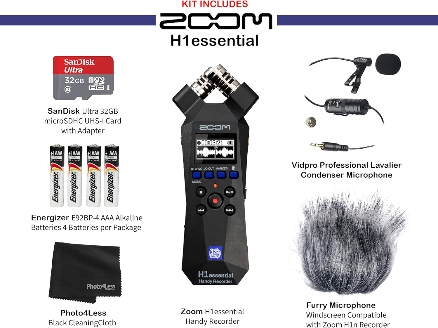 Zoom H1essential Handy Recorder Bundle with Professional Lavalier Condenser Microphone, 32GB microSDHC Card, Furry Microphone Windscreen, 4 AAA Alkaline Batteries, and More!