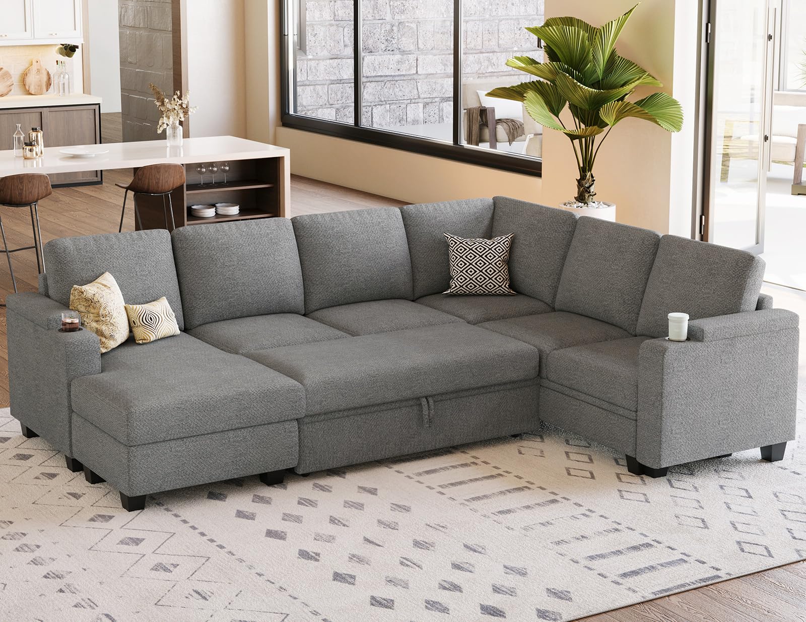 Belffin Modular Sectional Sleeper Sofa Bed with Storage Chaise L Shaped Sectional Couches for Living Room Armrest with Cup Holder. White Couch