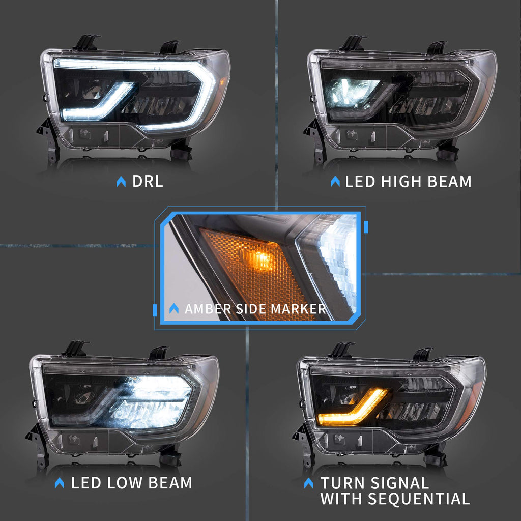 VLAND LED Headlights Compatible with Toyota Tundra 2007-2013/ Sequoia 2008-2021 w/Sequential Turn Signal, w/Diamond White DRL w/LED Reflection bowl Amber Reflector Black Trim Panel