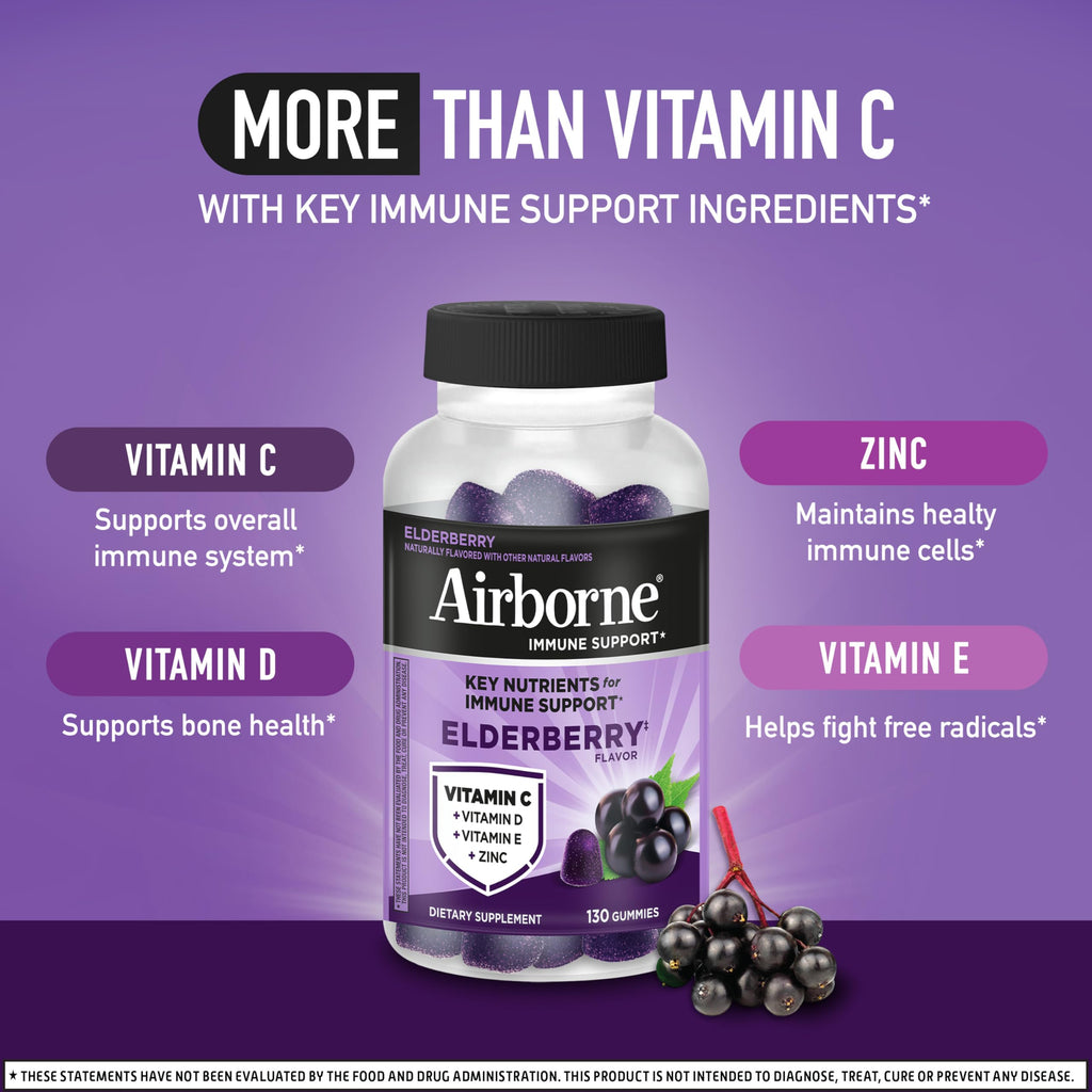 Airborne Elderberry + Zinc & Vitamin C Gummies For Adults, Immune Support Vitamin D & Zinc Gummies With Powerful Antioxidant Vitamins C D & E - 50 Gummies, Elderberry Flavor