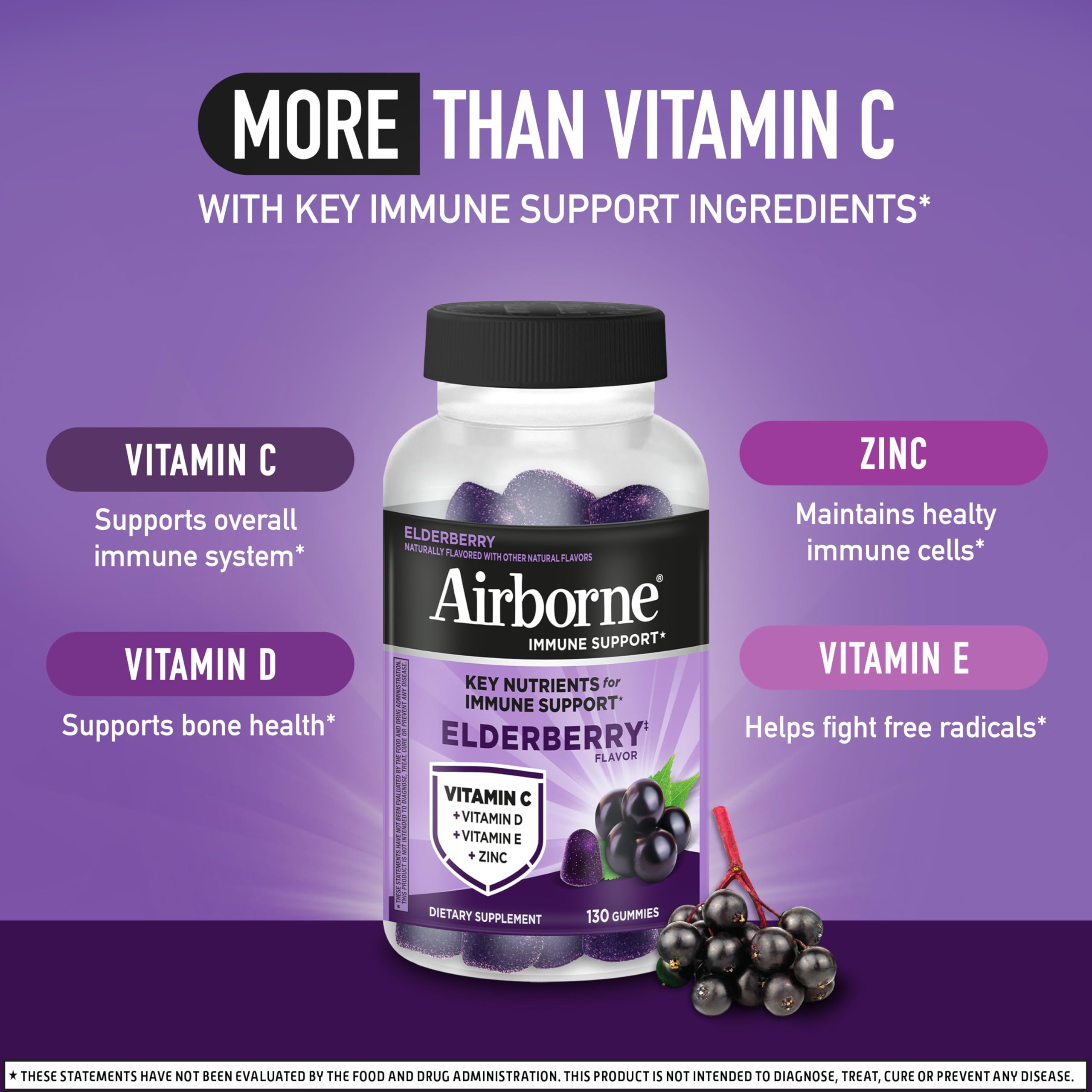 Airborne Elderberry + Zinc & Vitamin C Gummies For Adults, Immune Support Vitamin D & Zinc Gummies With Powerful Antioxidant Vitamins C D & E - 50 Gummies, Elderberry Flavor