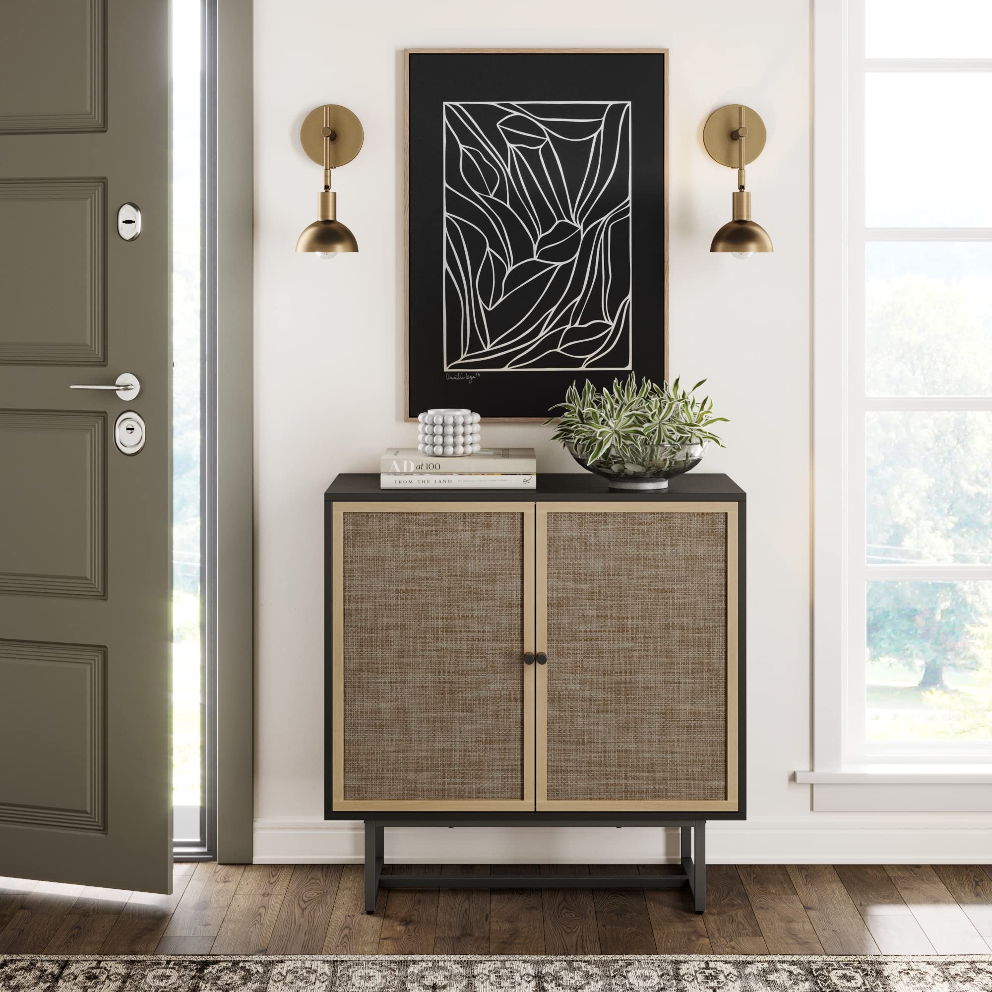 Nathan James Kova Rattan Wood Accent Sideboard Storage Cabinet with Matte Metal Frame, Adjustable Interior Shelves and Cane Doors, for Hallway, Entryway or Living Room, Black Oak/Cane