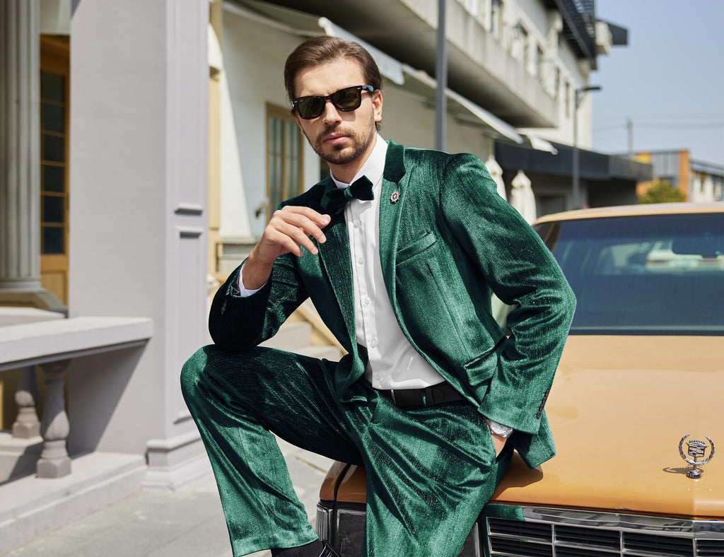 MAGE MALE Mens Suits Velvet Tuxedo Suit Set Slim Fit 2 Piece Luxurious Party Dinner Jacket Pants with Bow Tie