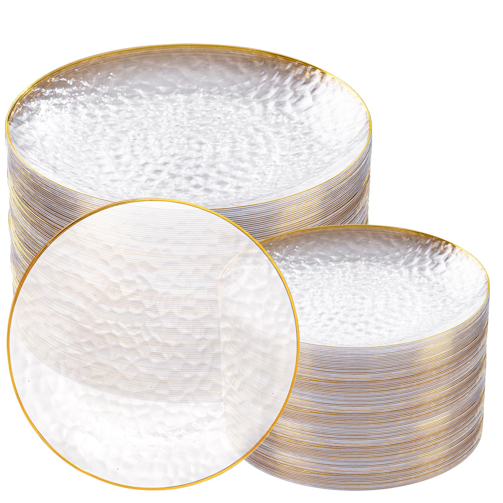 Rubtlamp 100Pcs Amber Gold Plastic Plates, Disposable Plates With Gold Rim, Heavy-duty Party Platos, Hammered Plastic Plates Include 50 Clear Dessert Plates, 50 Dinner Plates for Party