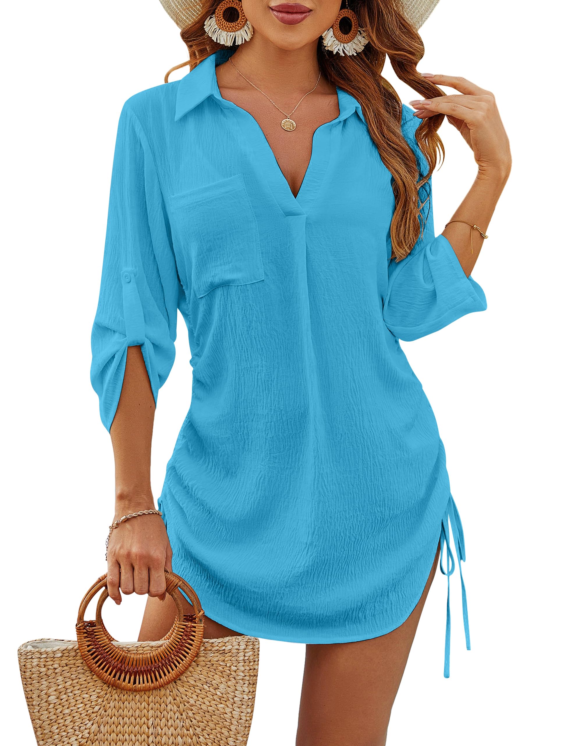 Blooming Jelly Womens Bathing Suit Cover Ups Bikini Swimsuit Coverup Drawstring Beach Dress Shirt