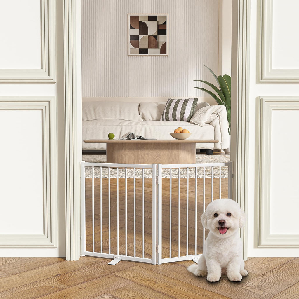 SNUOWU Full Metal Freestanding Dog Gate with Door, 24'' Height Foldable Pet Dog Fence for Indoor & Outdoor, 2 Panels Extra Wide Free Standing SmallDog Gates for Doorways,House,Stairs,Porch,Deck,Yard