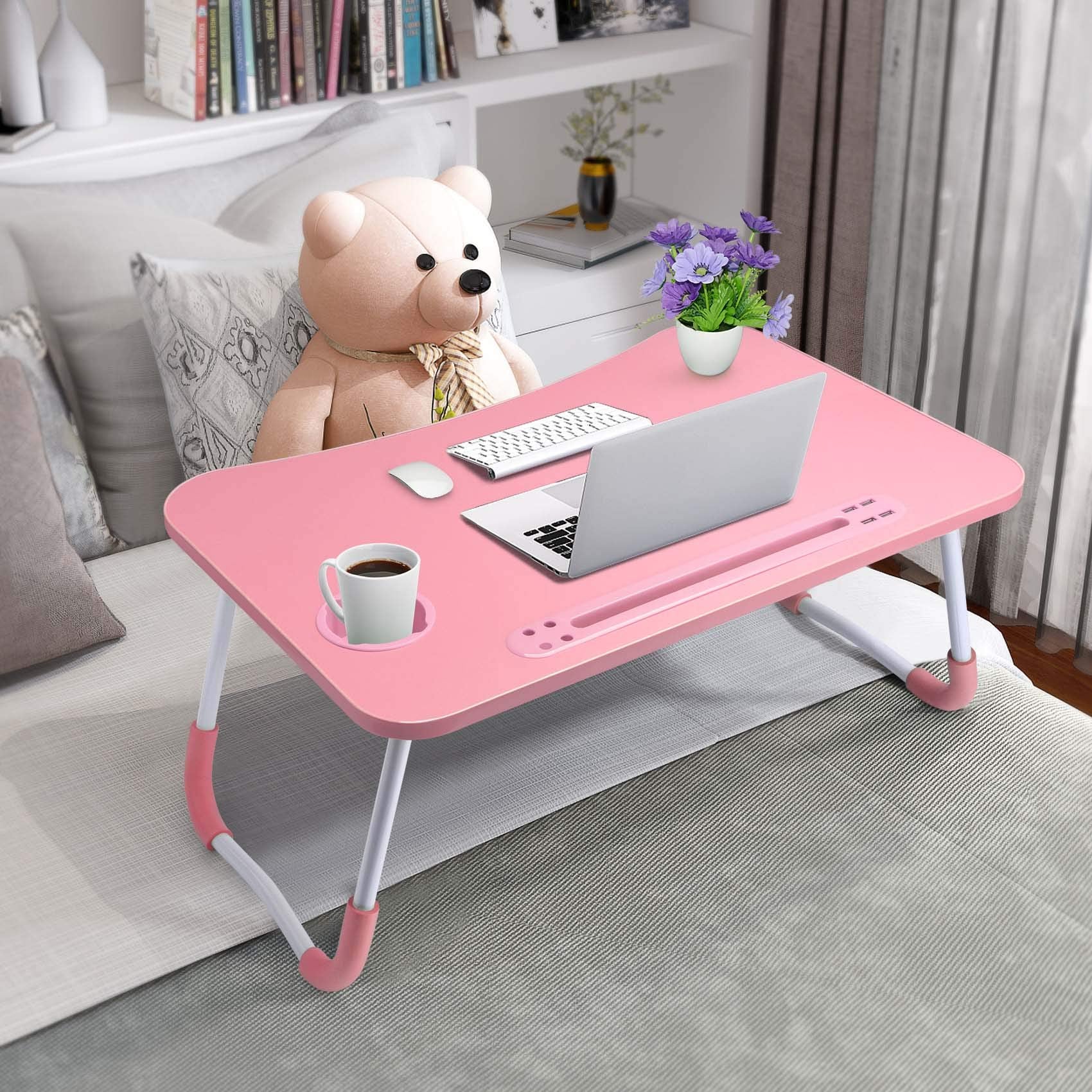 Slendor Lap Desk with Cup Holder, Foldable Laptop Table for Bed, Portable Bed Desk for Laptop and Writing, Computer Tray with Tablet Slot, Notebook Stand Reading Holder for Couch Sofa Floor,Black