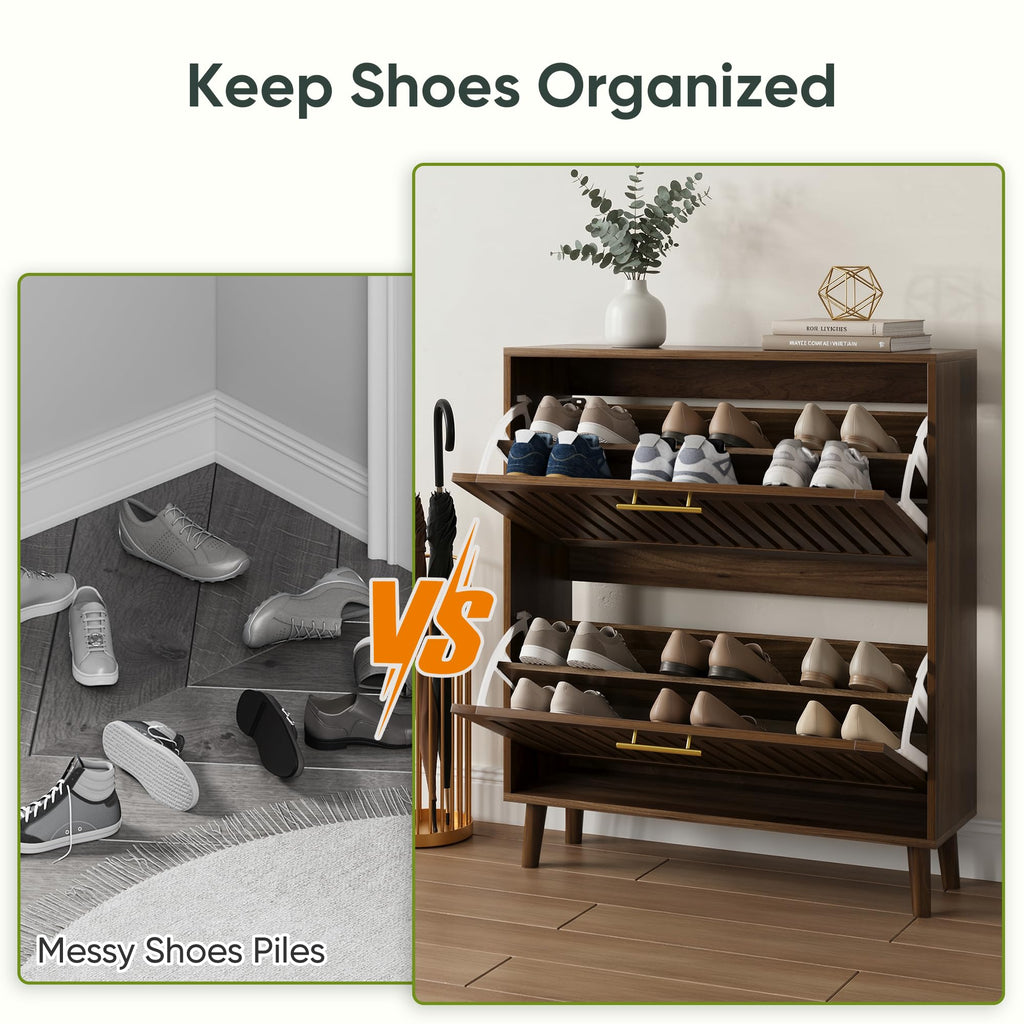 Smart FENDEE Shoe Cabinet with 2 Flip Slatted Drawers, Farmhouse Slim Shoe Organizer Rack with Golden Handles, Freestanding Hidden Entryway Storage for Hallway, Natural