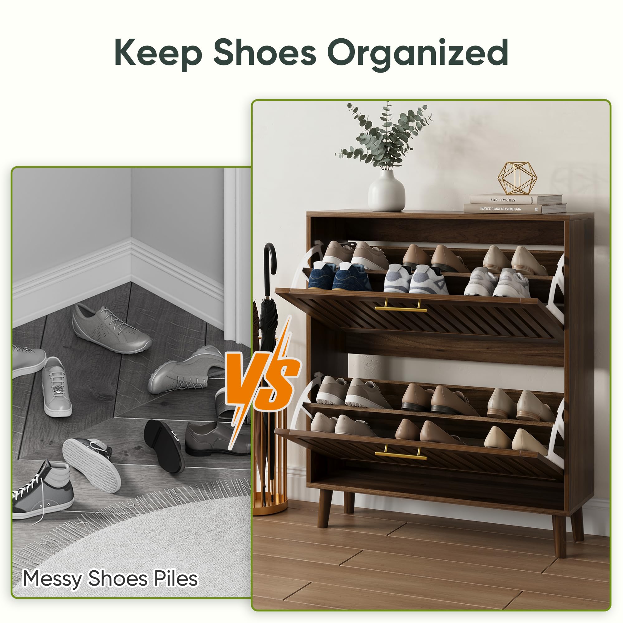 Smart FENDEE Shoe Cabinet with 2 Flip Slatted Drawers, Farmhouse Slim Shoe Organizer Rack with Golden Handles, Freestanding Hidden Entryway Storage for Hallway, Natural