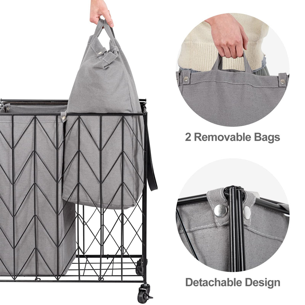 WOWLIVE Laundry Basket with Wheels, Heavy Duty Laundry Hamper with Wood Lid, Clothes Hamper with Divided Removable Liner Bag, Large Capacity Iron-Made Laundry Sorter Laundry Room Organization (Beige)