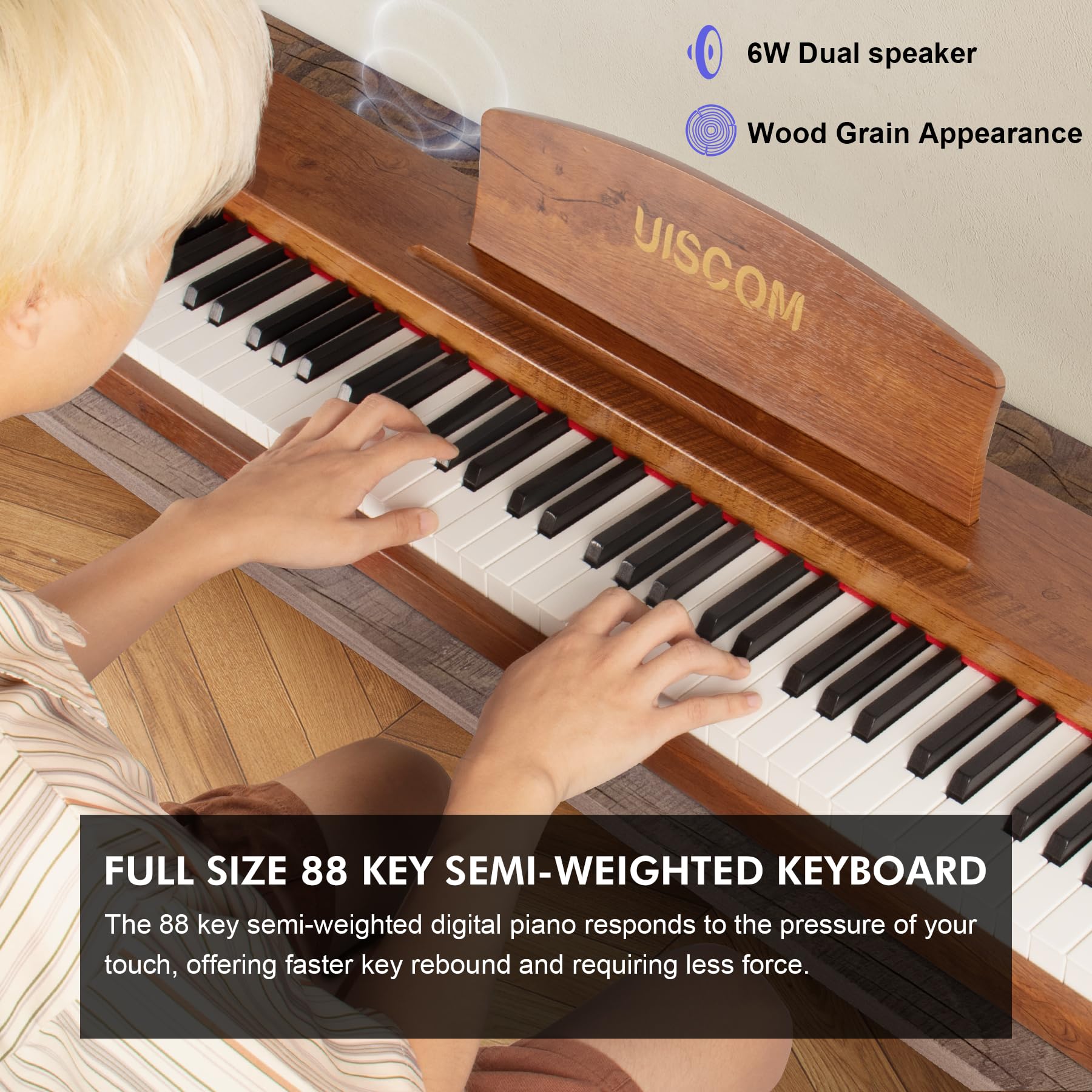 UISCOM Digital Piano Keyboard for Beginners, Full Size 88 Key Semi-Weighted Keyboard Electric Piano with Stand,Power Adapter,Sheet Music Stand,Pedal,Headphone,USB-MIDI Compatible,Wood Grain Apricot