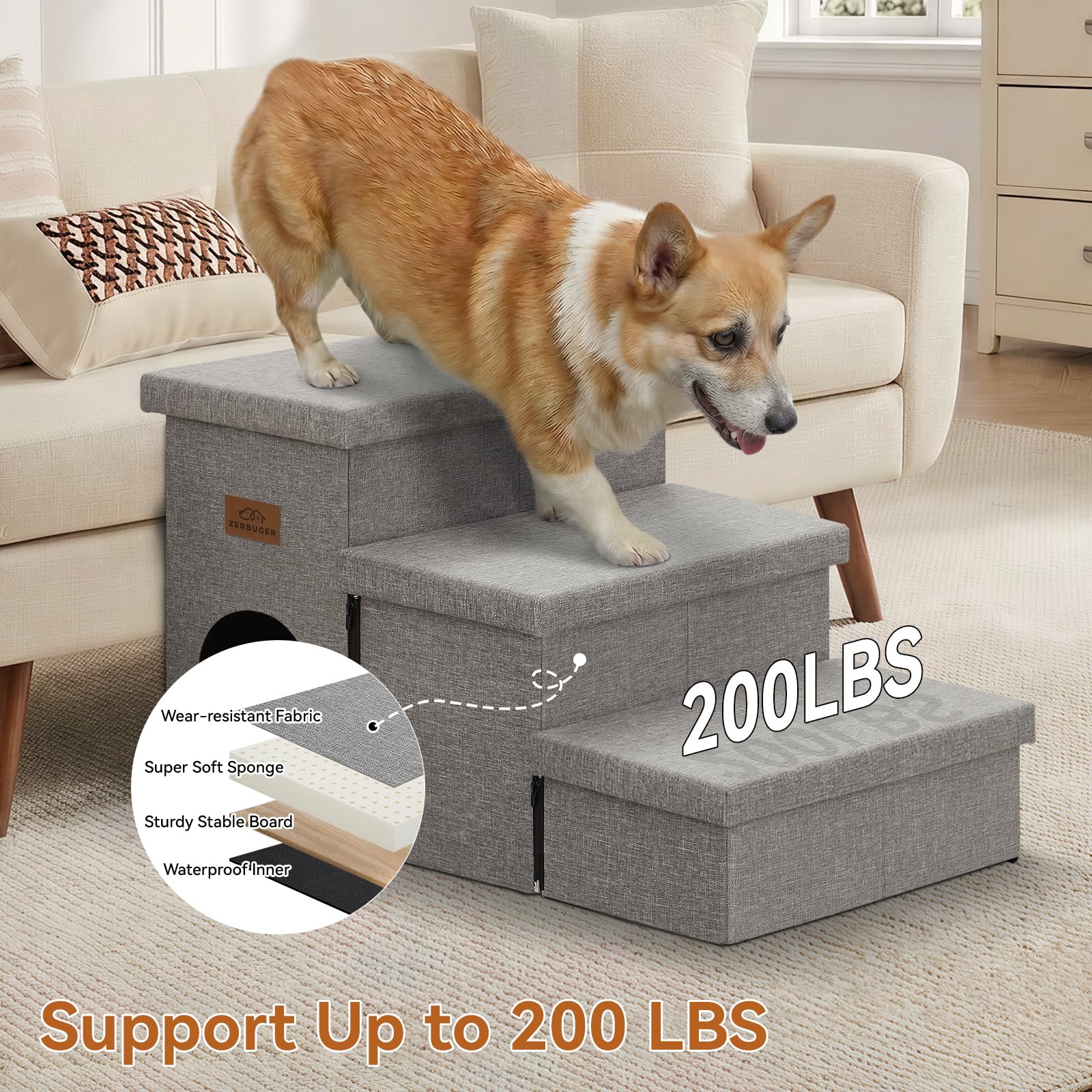 Zerbuger Dog Stairs with Condo 15" H, 2-Step Wider Dog Steps for Small/Medium/Large Old Dogs Cats, Folding Sturdy Storage Pet Stairs Climbing Bed Couch, Ramp for Car Hold Up to 150 lbs, Beige