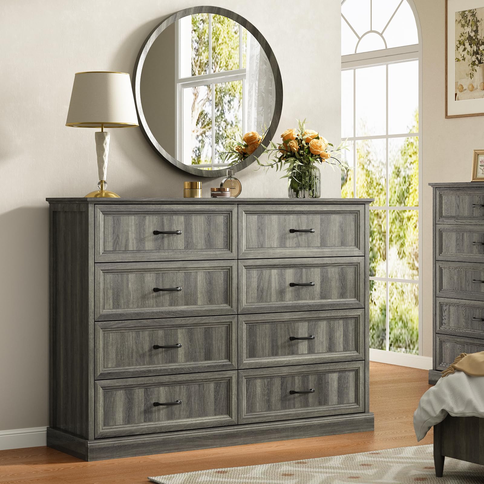 Farmhouse 5 Drawers Dresser for Bedroom, 44" Tall Brown dresser Wood Rustic Chest of Drawers with Wide Metal Handle,Natural Texture,Drawer Organizer for Bedroom,Living Room,Hallway and Entryway