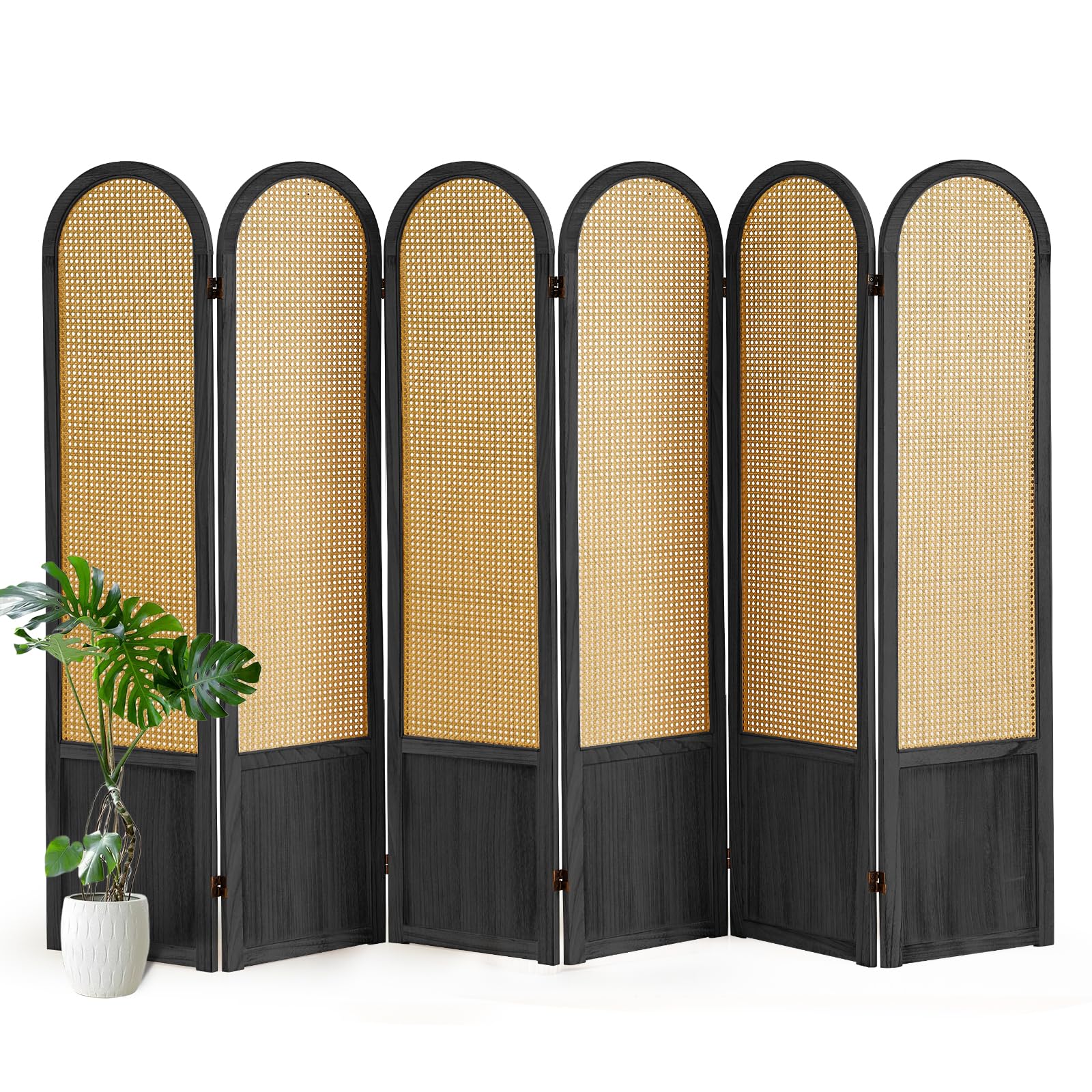 Hand-Woven Rattan Room Divider 3 Panels, 5.9 Ft Tall Wood Room Divider Panel, Partition Screen Divider Wall, Folding Privacy Screen, Wall Divider for Room Separation Home Office - Black