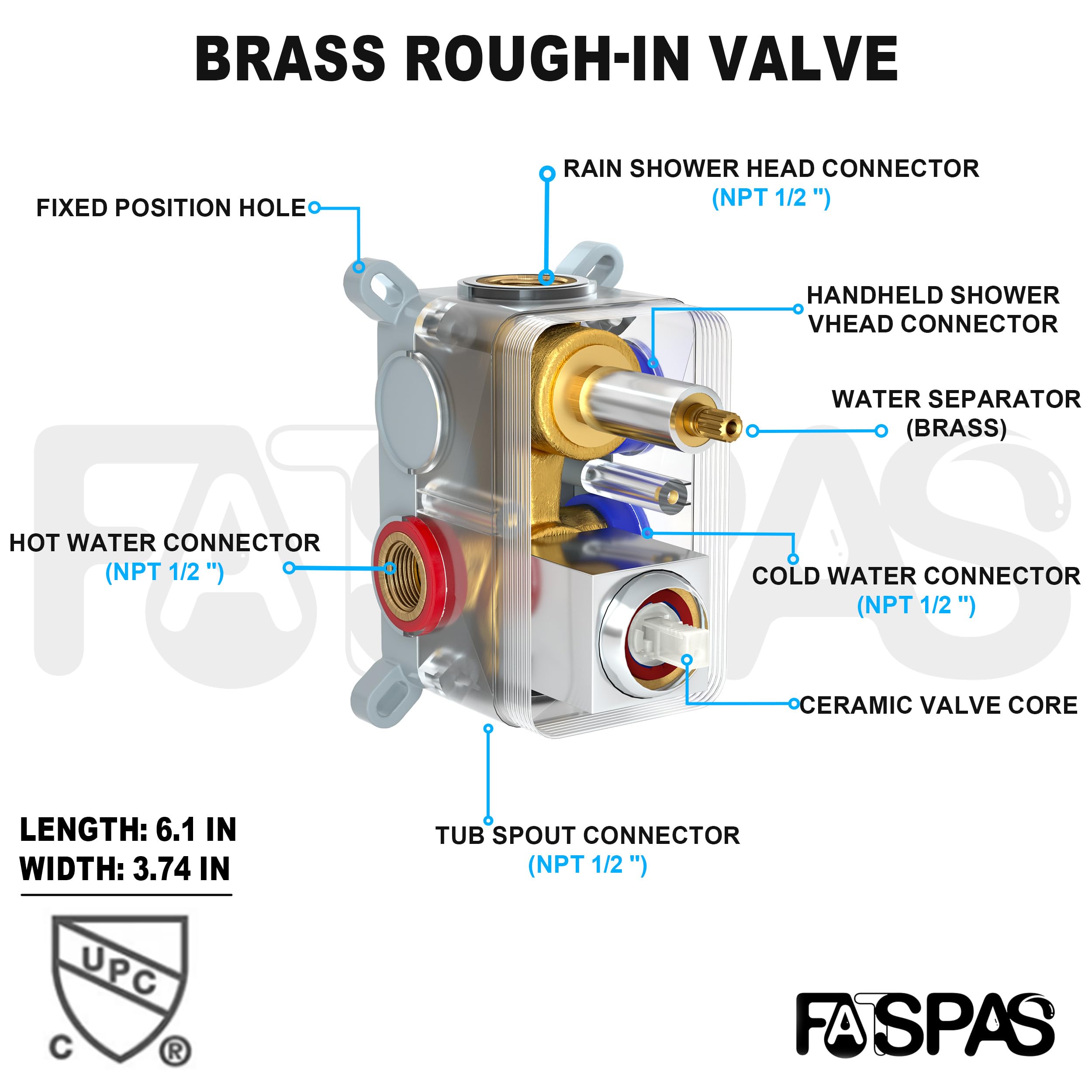 Brushed Gold Shower System with 10-Inch Rain Showerhead and Tub Spout | cUPC-certified pressure balance brass valve to prevent scalding, CEC-certified air injection technology for low pressure