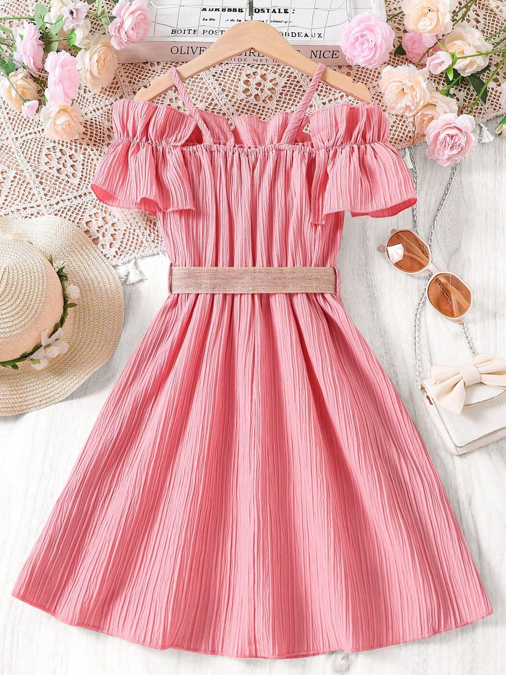 Floerns Girls Cold Shoulder Ruffle Trim Short Sleeve Belted A Line Midi Dress
