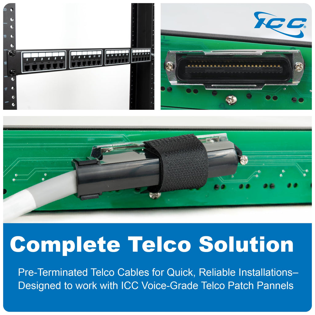 ICC Female to Female 25 Pair Telco Cable 5ft - Cat3 24AWG, 100% Solid Pure Copper, Gray Riser CMR Cable with 90 Degree 50 Pin Telco Connector for Voice and Low Data PBX Applications, 5 Feet