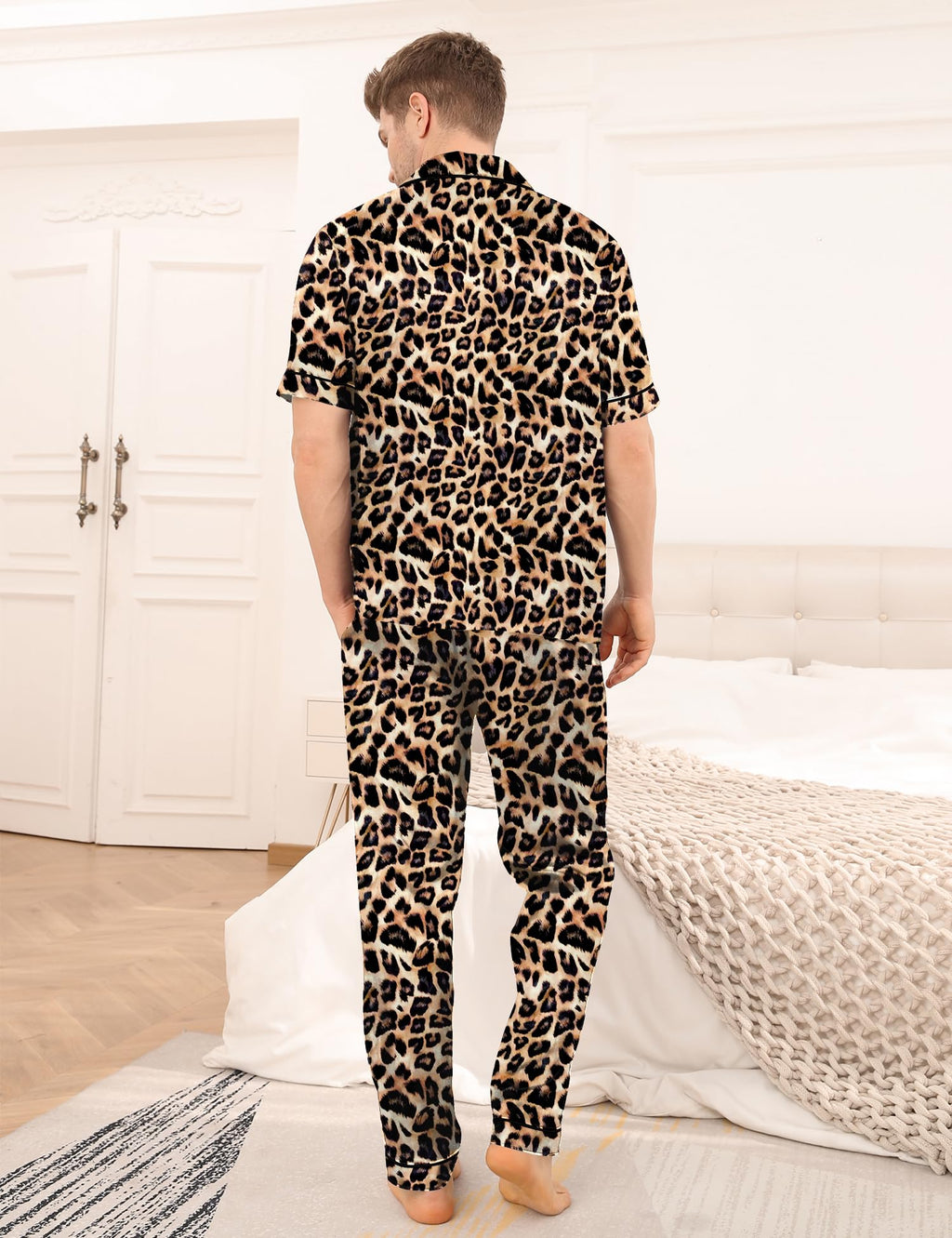 SWOMOG Mens Satin Pajama Set Short Sleeve Classic Sleepwear Button Down Silky Loungewear with Long Pants