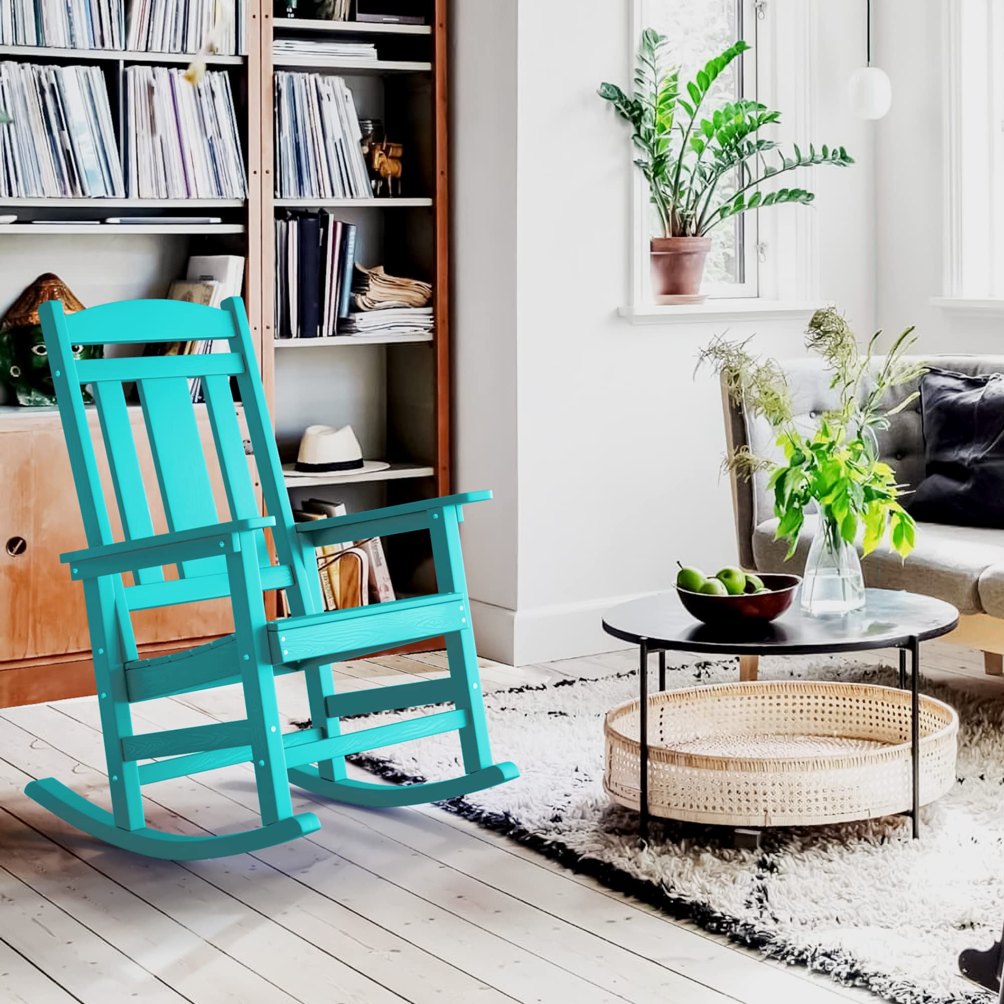 LUE BONA Rocking Chair Outdoor, Weather Resistant HDPS Plastic Rocker Chairs, 350lb Heavy Duty, Oversized Porch Rocker for Adult, High Back Smooth Rocking Chairs for Outdoor & Indoor, Aruba Blue