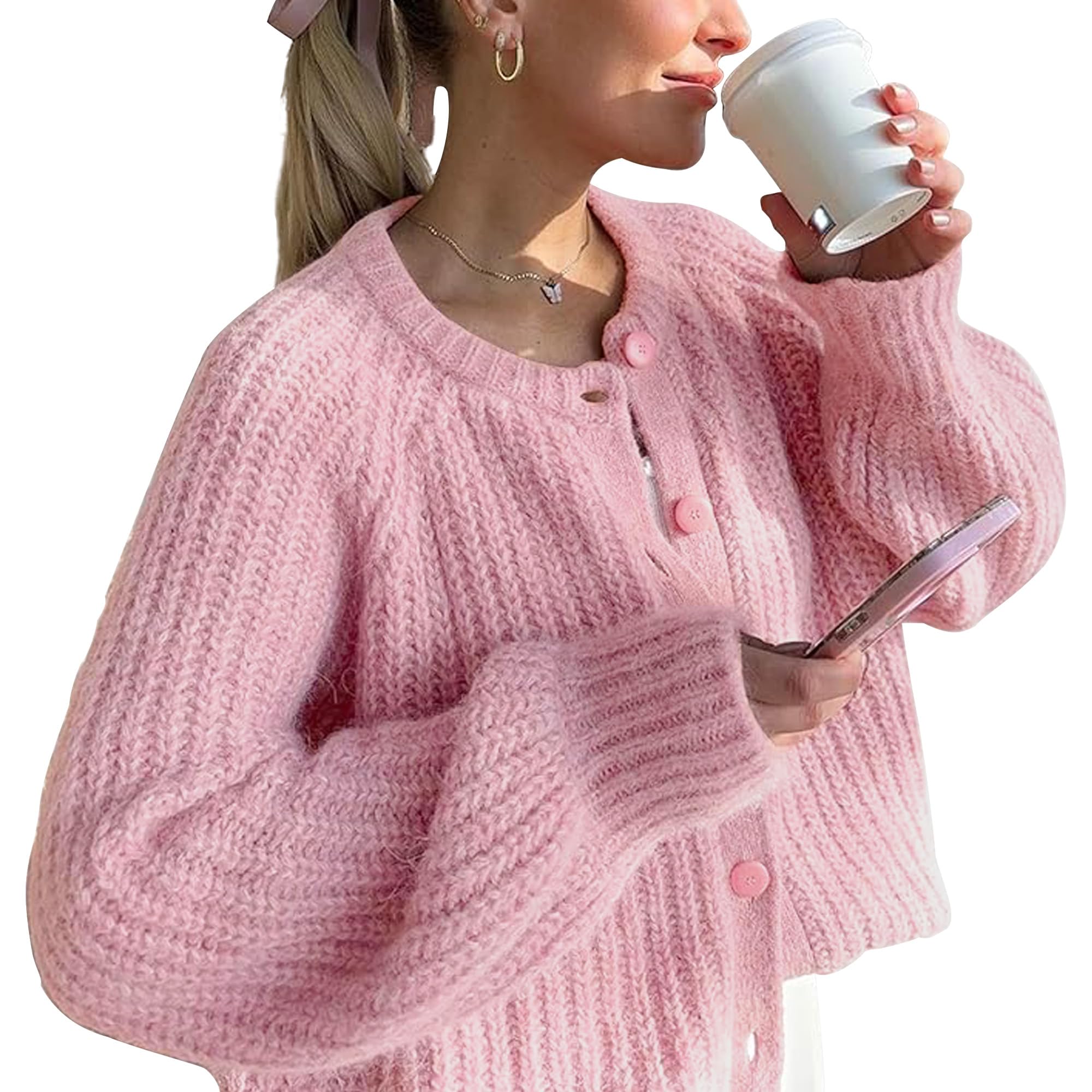 Hixiaohe Cardigan Sweater for Women Long Sleeve Button Y2K Chunky Knit Sweater Fall Casual Open Front Outwear Knitwear Coat