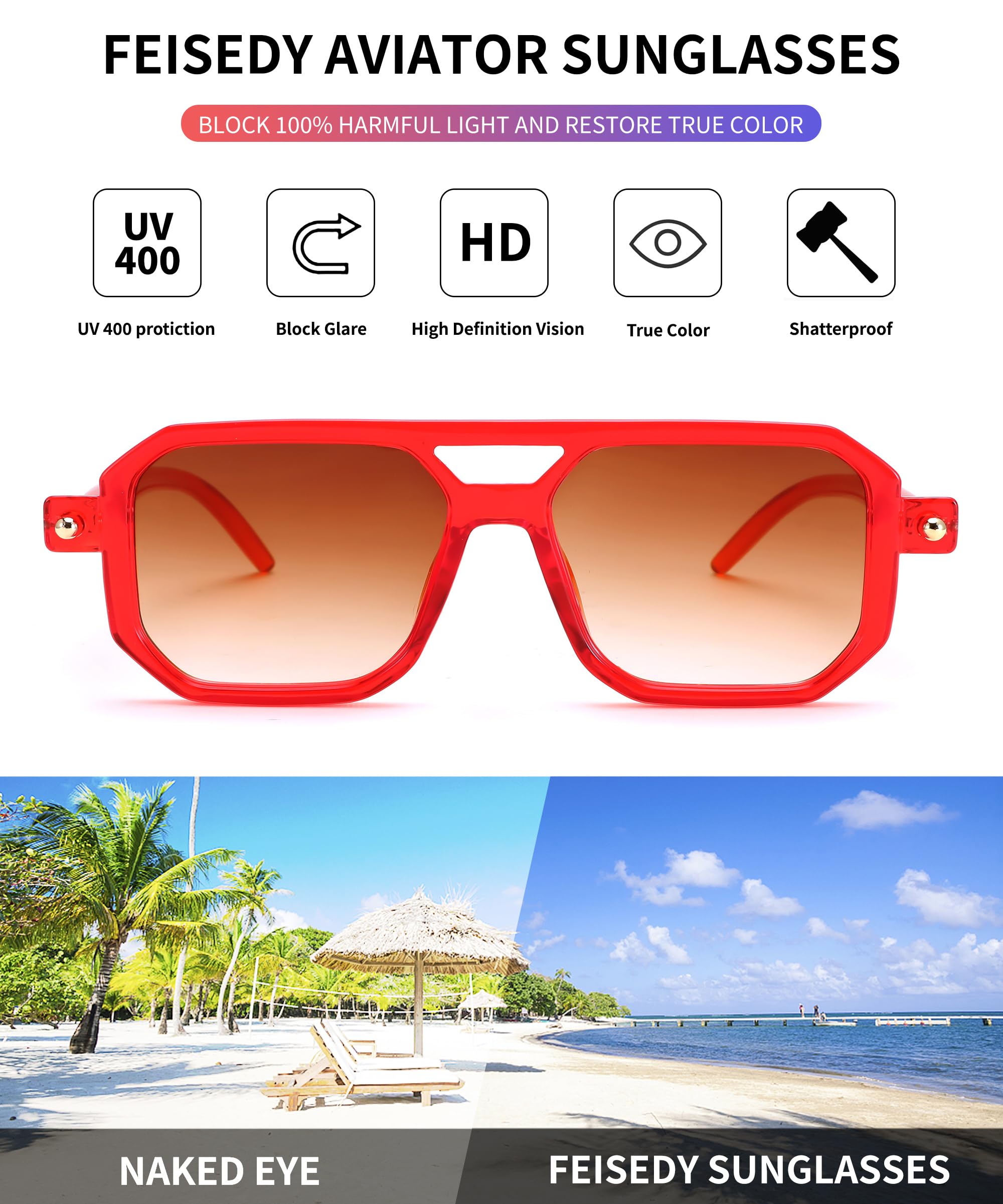 FEISEDY Vintage Square 70s Flat Aviator Sunglasses Women Men Classic Retro Stylish Frame UV400 Sunglasses B2622