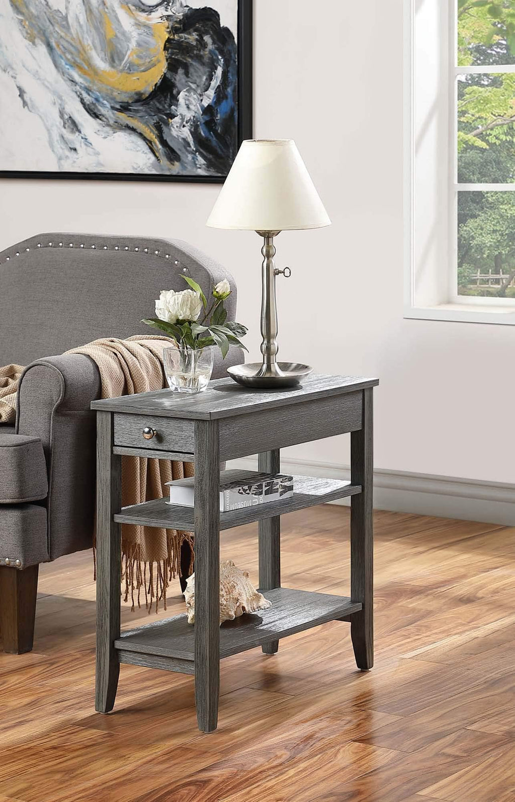 Convenience Concepts American Heritage Chairside End Table with Drawer 23.5" - Classic Living Room Table with Storage Shelf, Bedroom Nightstand, Black