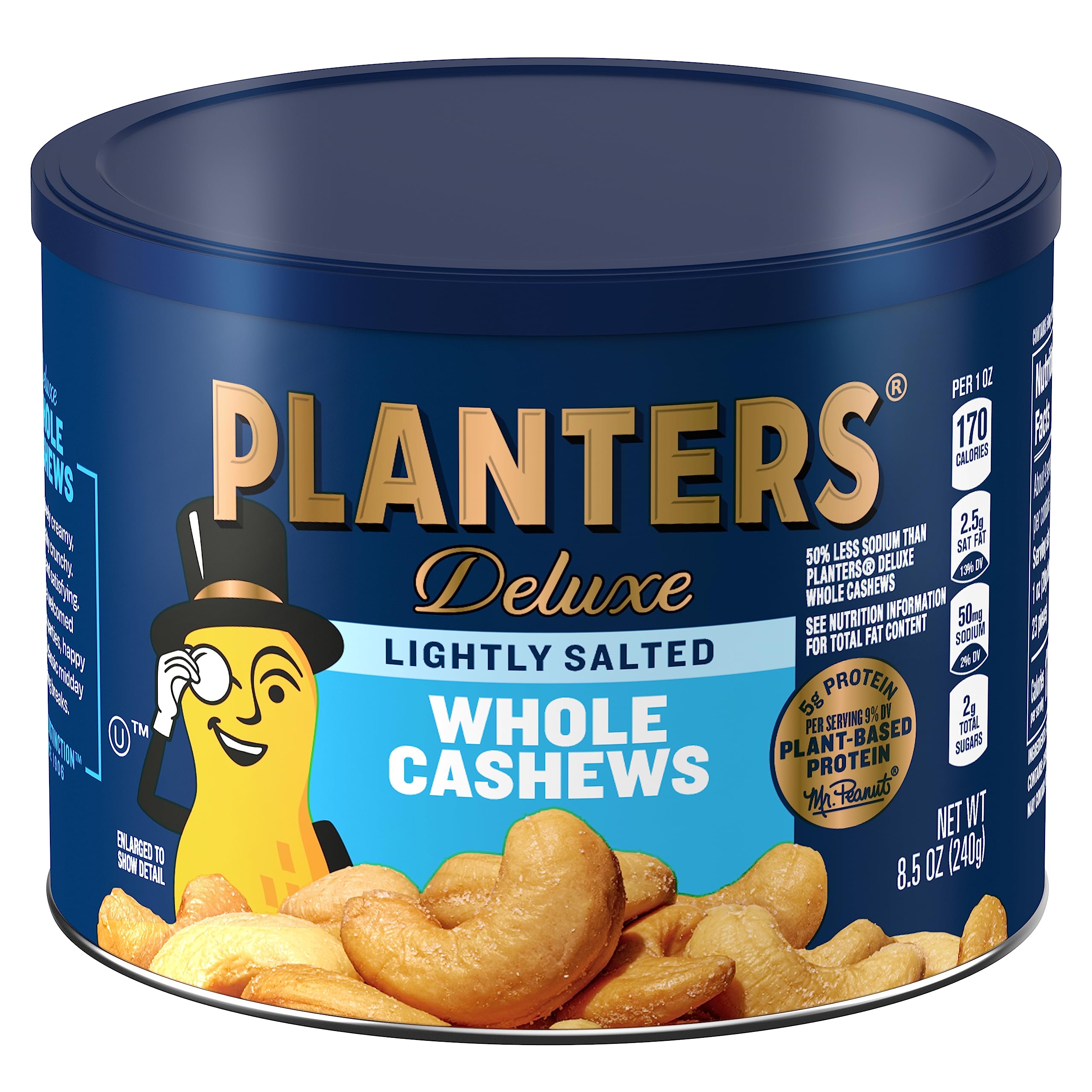 PLANTERS Deluxe Lightly Salted Whole Cashews, 18.25 oz. Resealable Container - Lightly Salted Cashews & Lightly Salted Nuts - Snacks for Adults & Kids - Vegan Snacks, Kosher