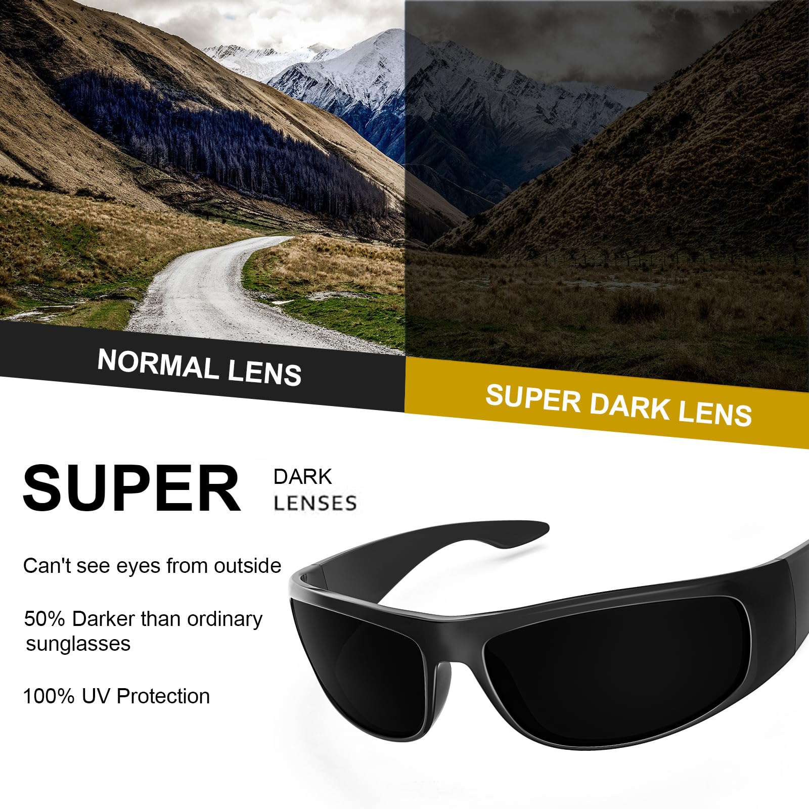 WISTON Wrap Around Sunglasses for Men Women Super Dark Blackout Sunglasses for Sensitive Eyes UV400 Protection W8005