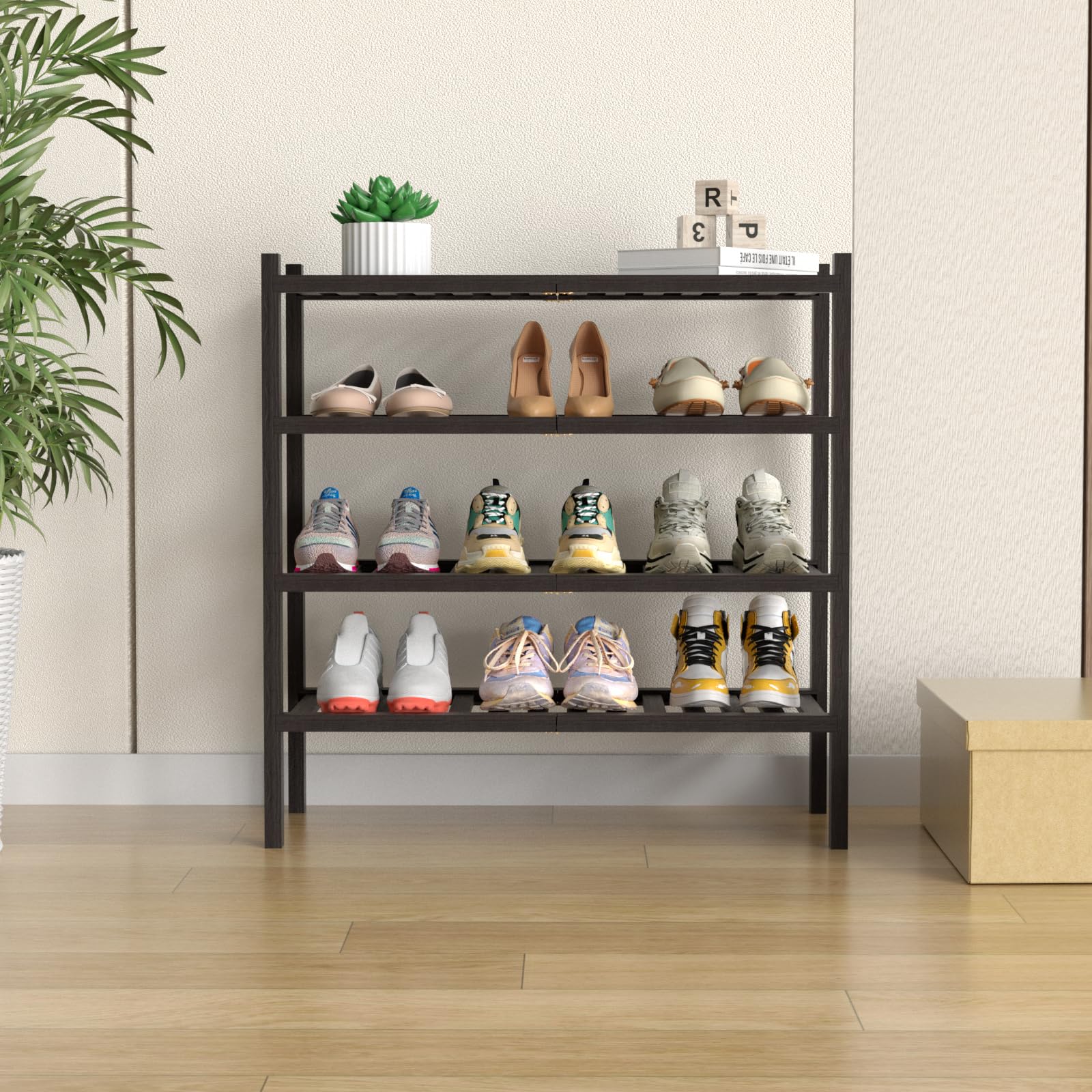 ROMGUAR CRAFT 2-Tier Bamboo Long Shoe Rack, Free Standing Wood Shoe Shelf Storage Organizer for Closet Entryway Stackable 35"x11"x13" (Black)