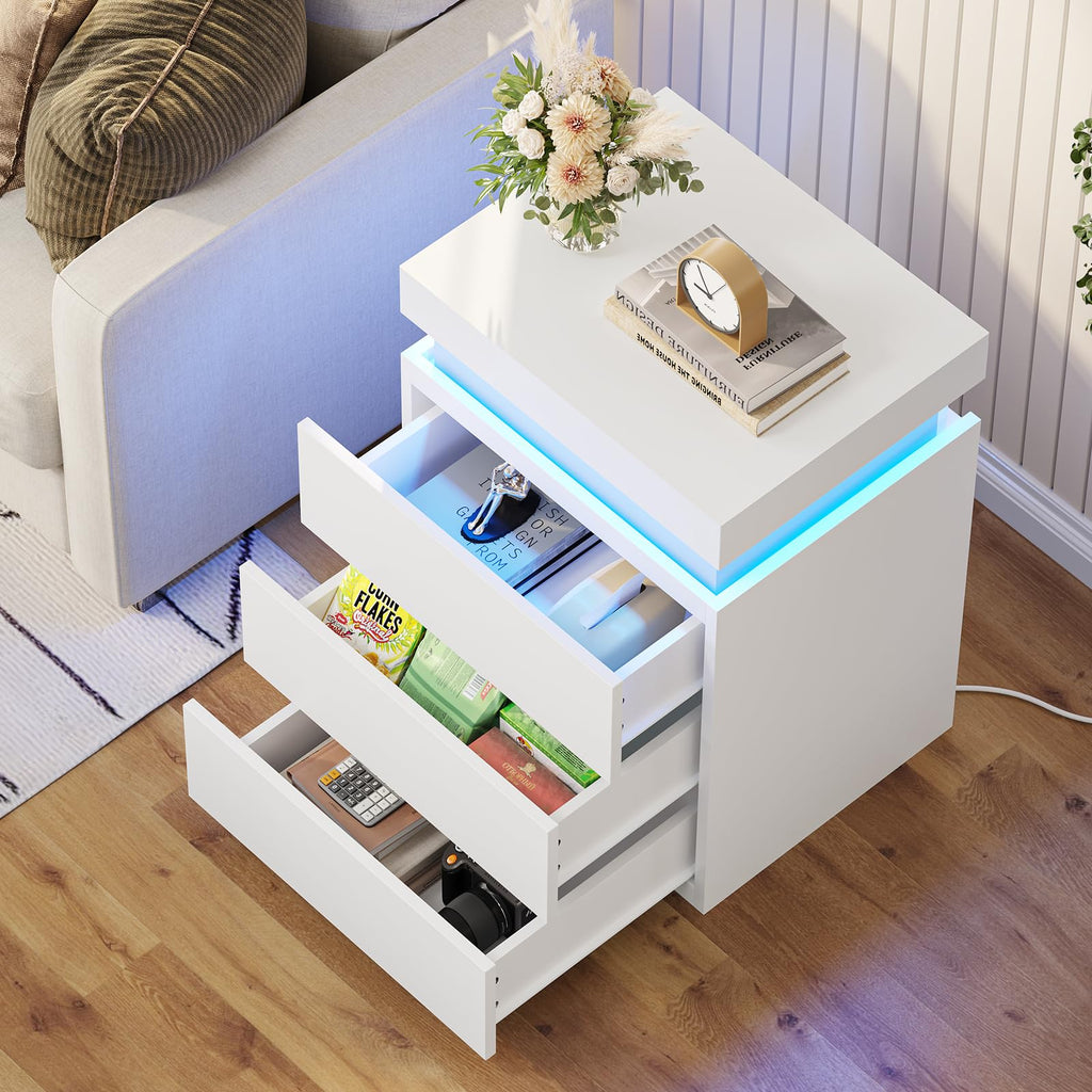 BTHFST LED Nightstands Set of 2,Night Stands for Bedroom Set of 2,Nightstand with Charging Station and Sliding Top,Bedside Table with Power Outlets & Drawers,Modern End Side Table (Black)