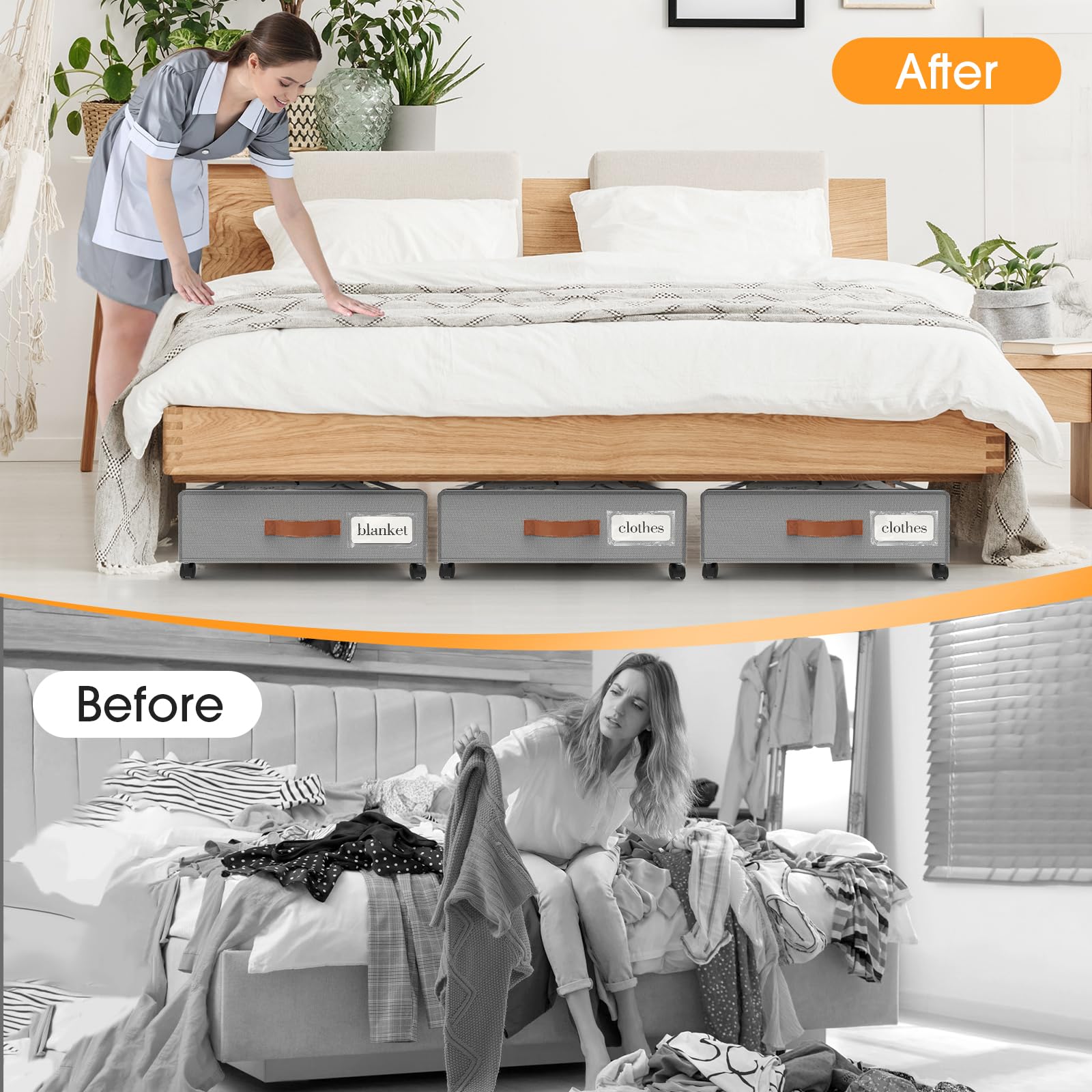 SpaceHacks Under Bed Storage with Wheels 1Pack Underbed Storage with Clear Window&Label Under Bed Drawers Large Capacity Rolling Under Bed Storage for Clothes,Shoes, Blankets (Beige)