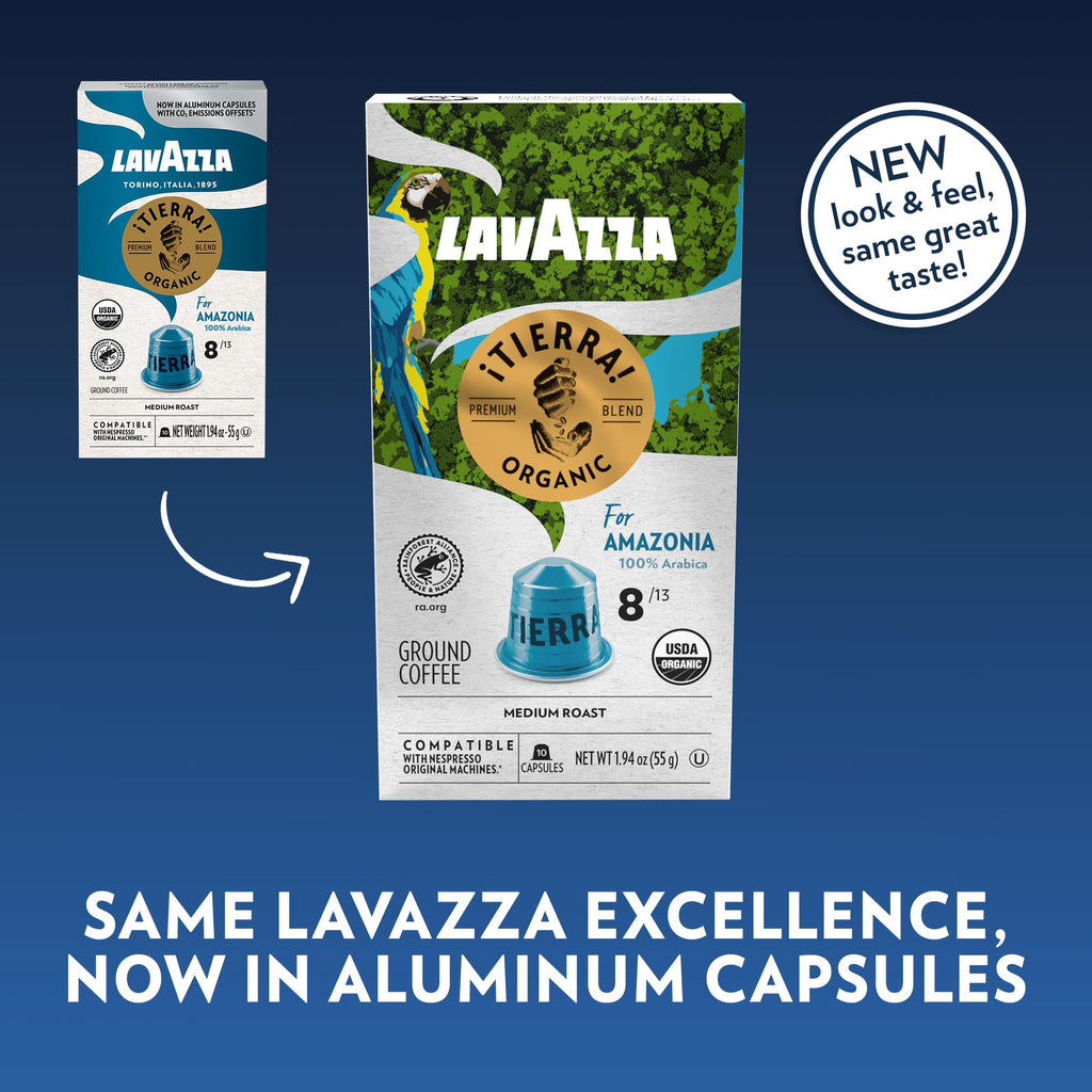 Lavazza TIERRA PLANET USDA ORGANIC Espresso Aluminum Capsules Compatible with Nespresso Original Machines, 10 Count, Medium Roast, 100% Arabica, Intensity 7 of 13