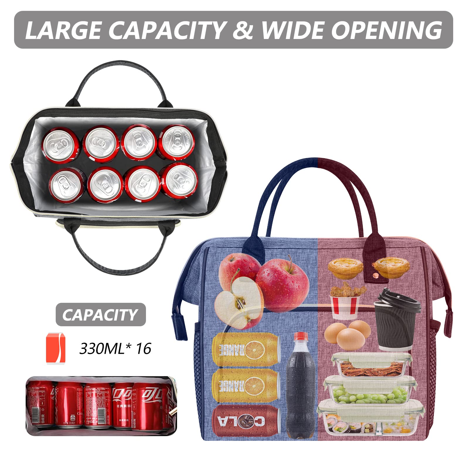 IDEATECH Insulated Lunch Box for Women & Men, Stylish Ladies Lunch Bag for Work, Leak Proof Portable Cooler Bag for Picnic, Black Lunch Tote Bags with Adjustable Shoulder Strap, Gifts for Mom (Black)