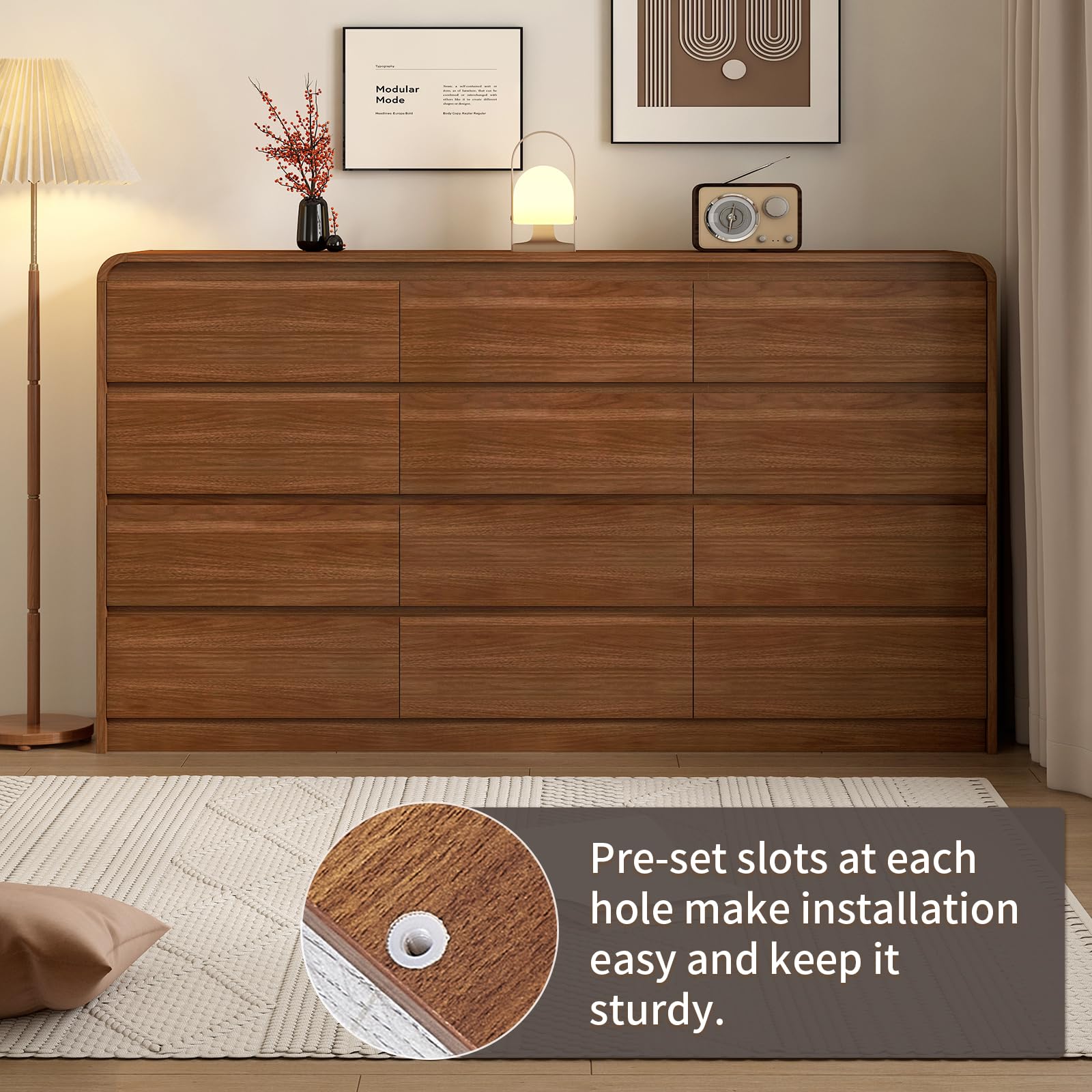Messenya Modern 6 Drawer Dresser, 47-Inch Wood Chest of Drawers, Curved Anti-Collision Design, Mid-Century Storage Cabinet, Pre-Embedded Slots, for Bedroom, Living Room, TV Stand, Nursery