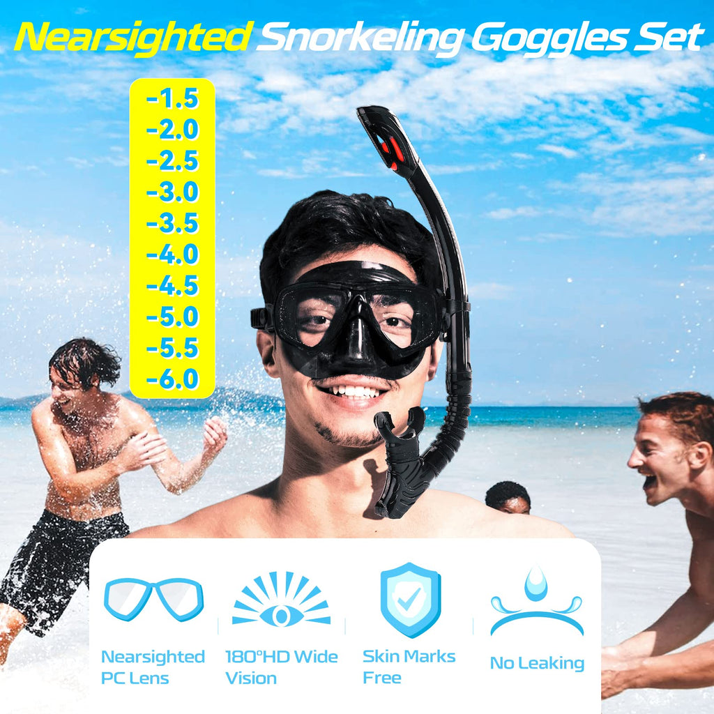 Nearsighted Snorkel Gear, Nearsighted Dry Snorkel Mask Set for Adult Youth, Nearsighted Anti Fog Diving Mask with Detachable Camera Mount & Adjustable Strap for Scuba Diving, Snorkeling, Freediving