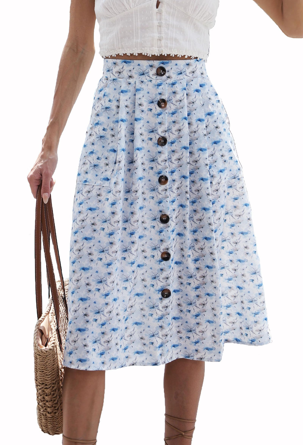 Naggoo Womens Summer Skirts Casual Front Button A-Line High Waisted Midi Skirt with Pockets