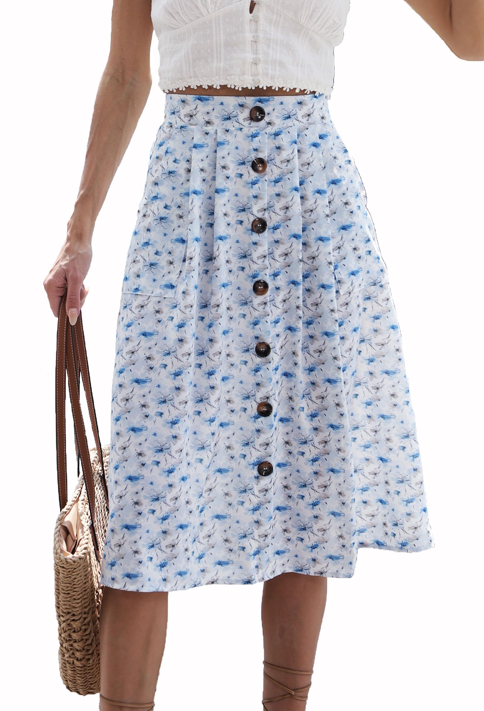 Naggoo Womens Summer Skirts Casual Front Button A-Line High Waisted Midi Skirt with Pockets