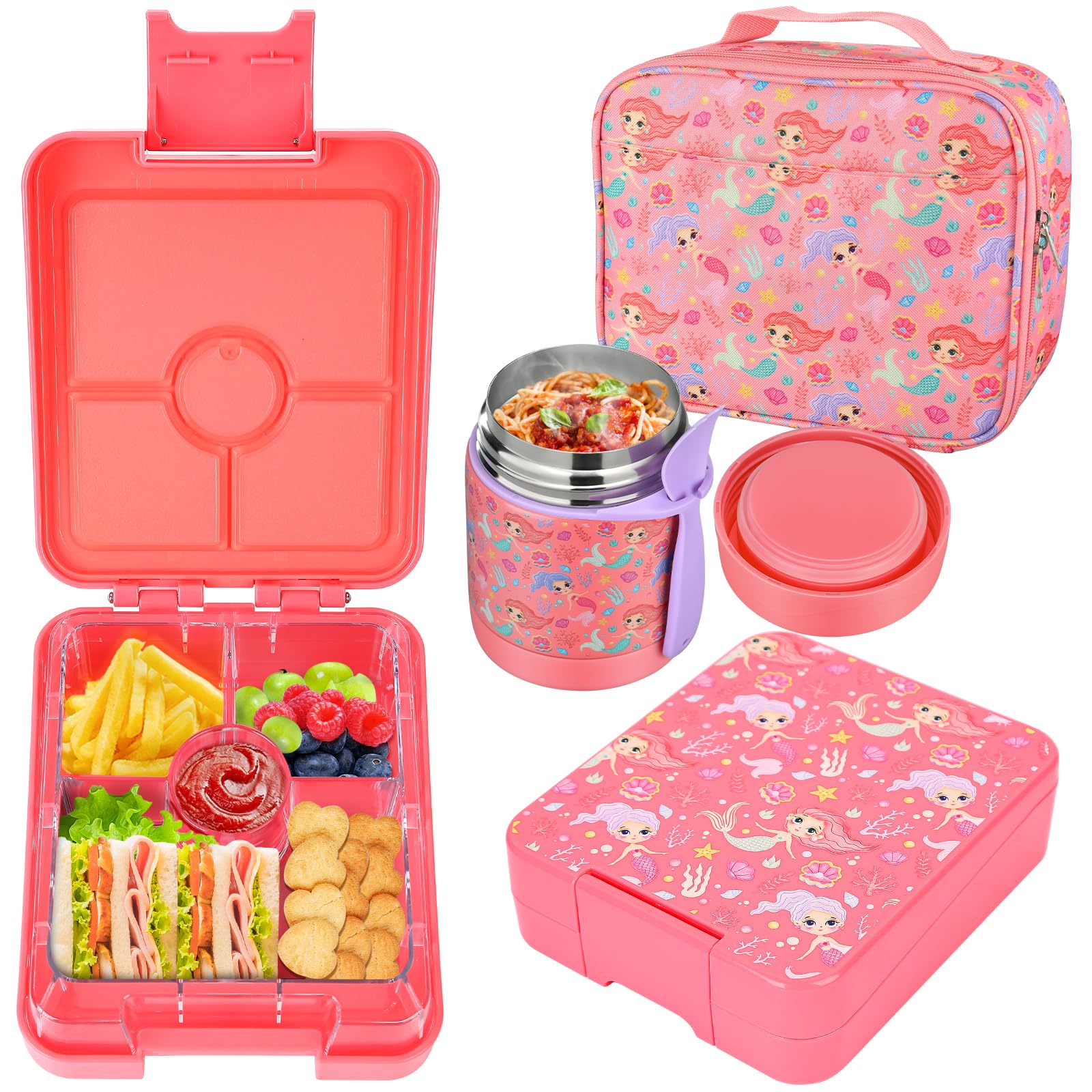 Bento Lunch Box Set for Kids with 10oz Soup Thermo, Leak-Proof Lunch Containers with 4 Compartment, Kids Thermo Hot Food Jar and Insulated Lunch Bag for Kid to School,BPA-Free(Basketball)