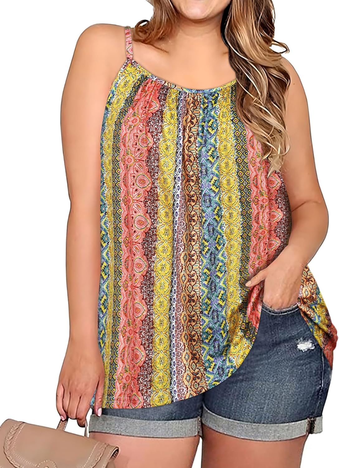 Plus Size Tank Tops for Women Boho Floral Loose Cami Spaghetti Strap Tunic Blouses