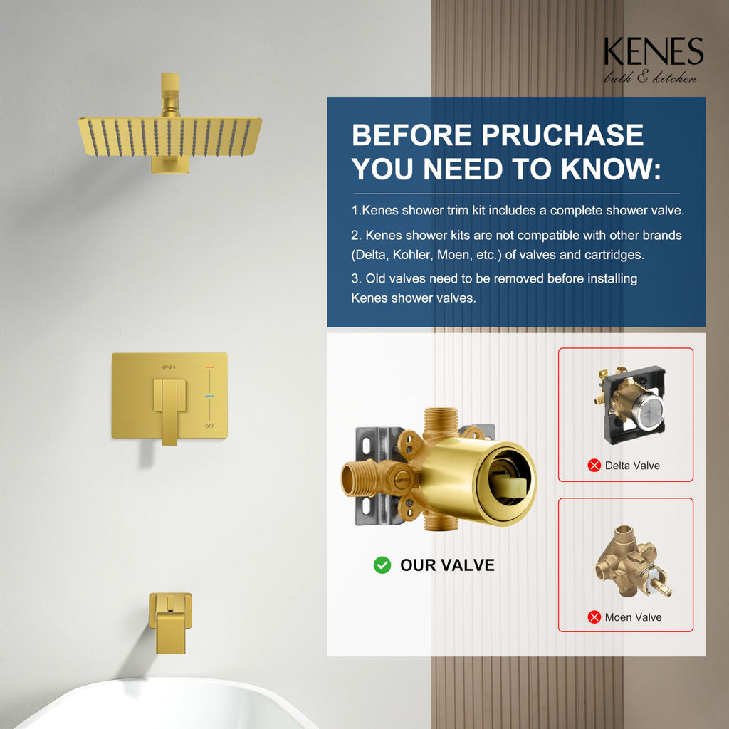 KENES Brushed Nickel 10-Inch Shower Head and Handle Set, Square Shower Faucet Set Bathroom Rainfall Shower System Wall Mount, KE-6024B (Shower Valve Included)